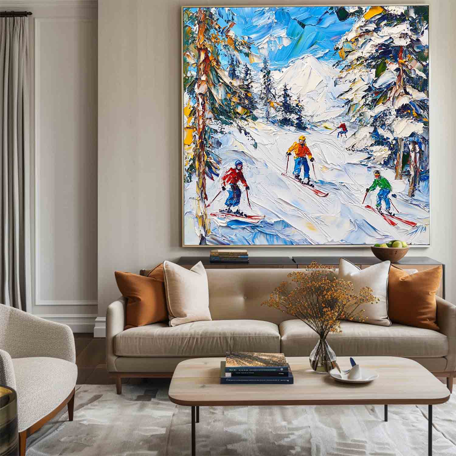 Vibrant Winter Ski Mountain Scene Bold Color Thick Impasto Textured Artwork