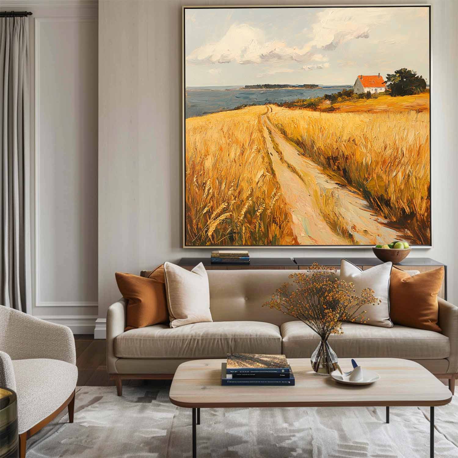 Golden Wheat Field Rural Landscape Painting