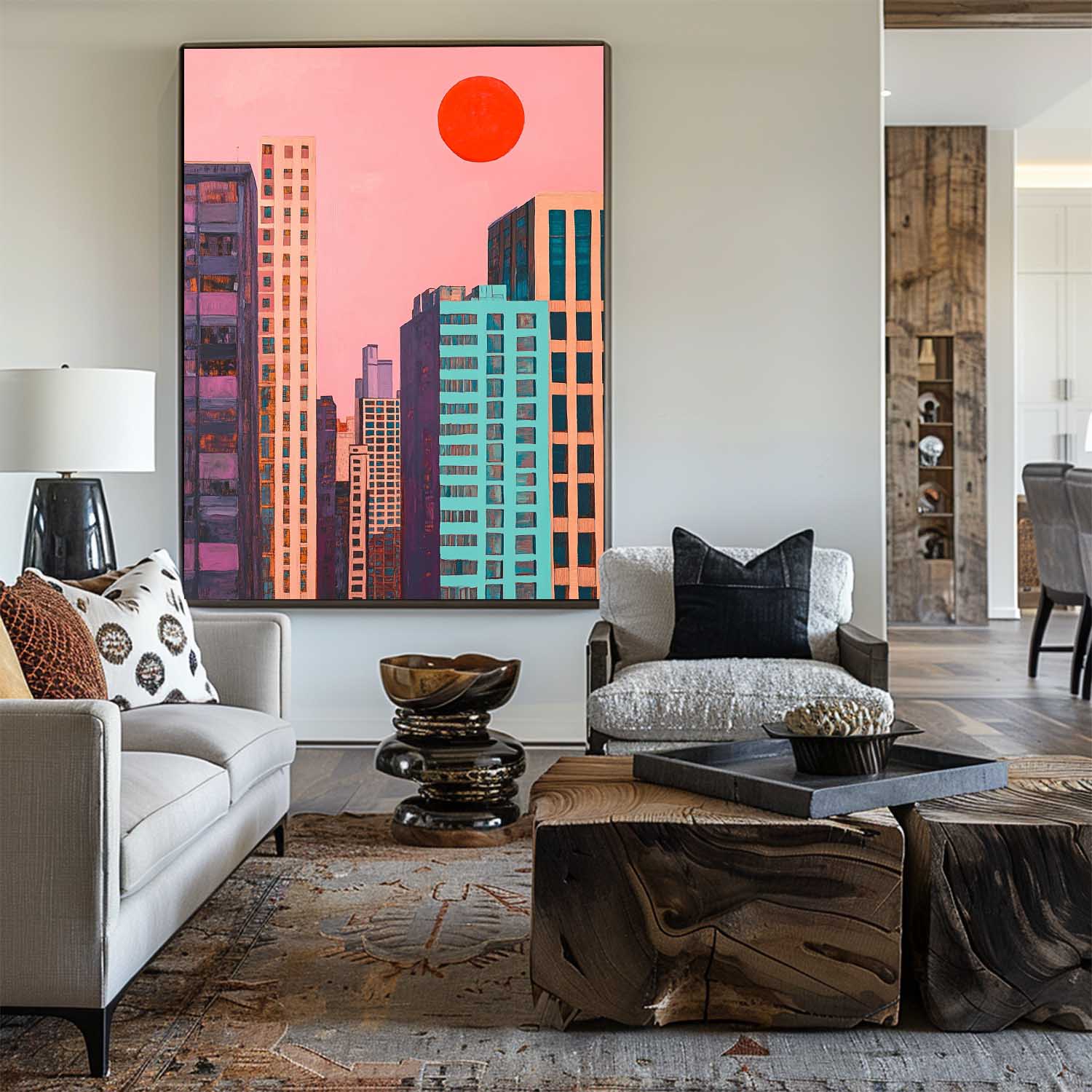 Colorful City Skyline Sunset Canvas Art