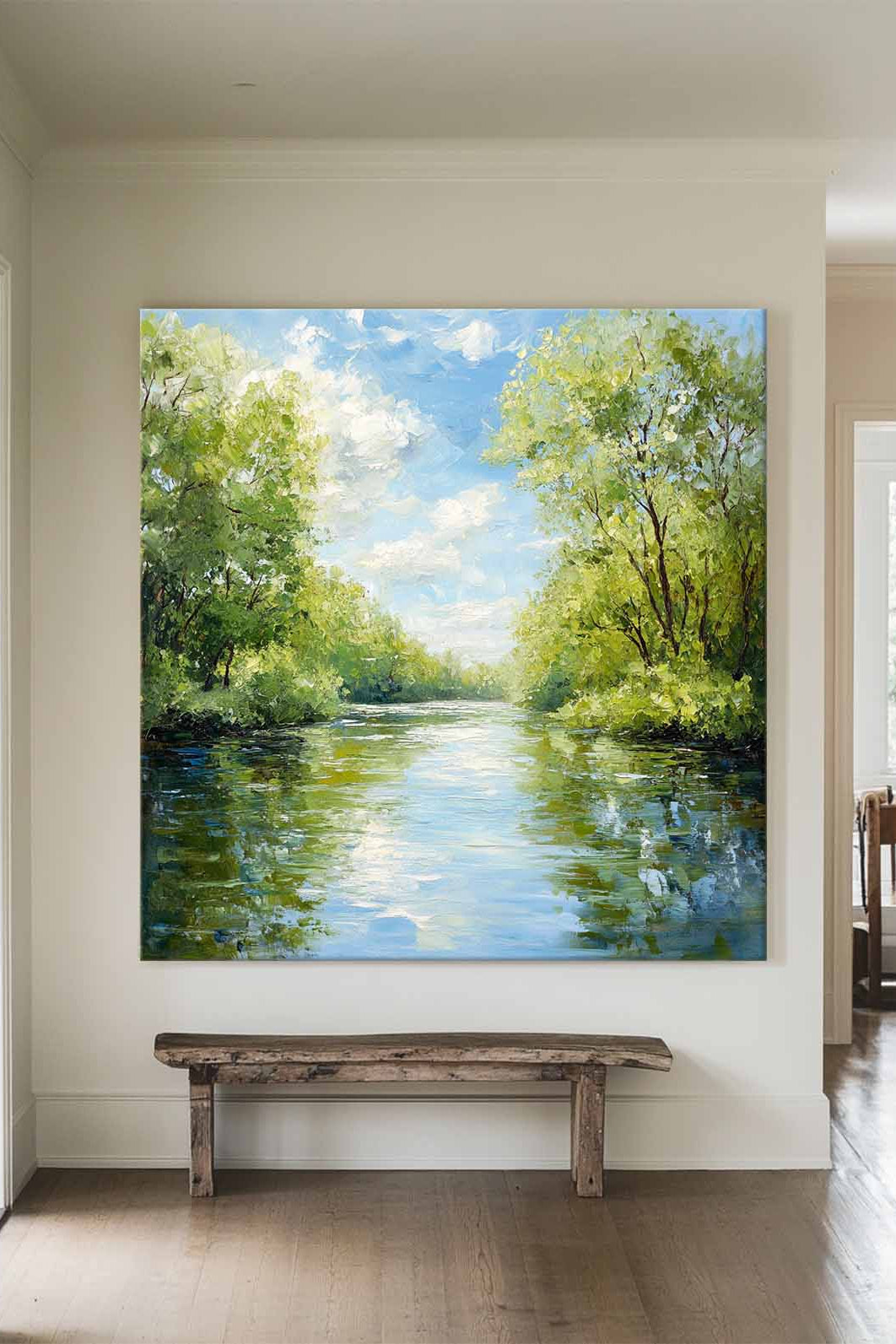Lush Forest Lake Scenery Mirror‑Water Vivid Layered Impasto Textured Artwork