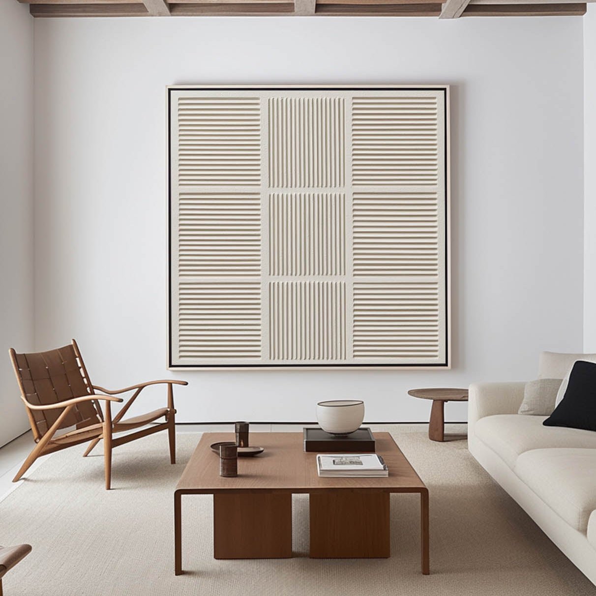 Elowen Beige Geometric Grid Canvas Wall Art