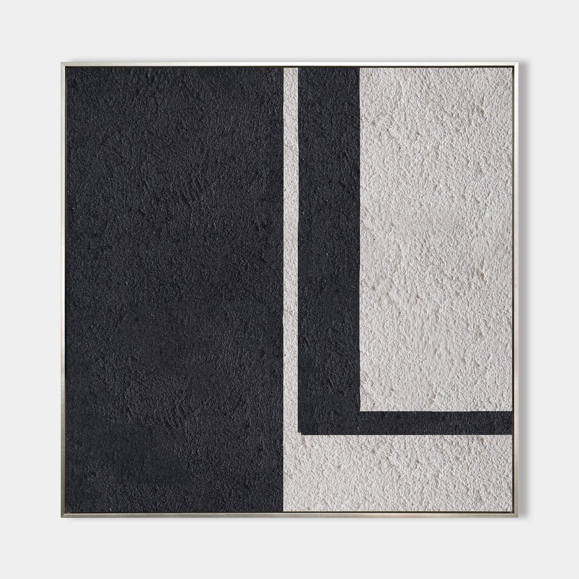 Black‑Off‑White Square Geometric L‑Shape Block Coarse‑Textured Artwork