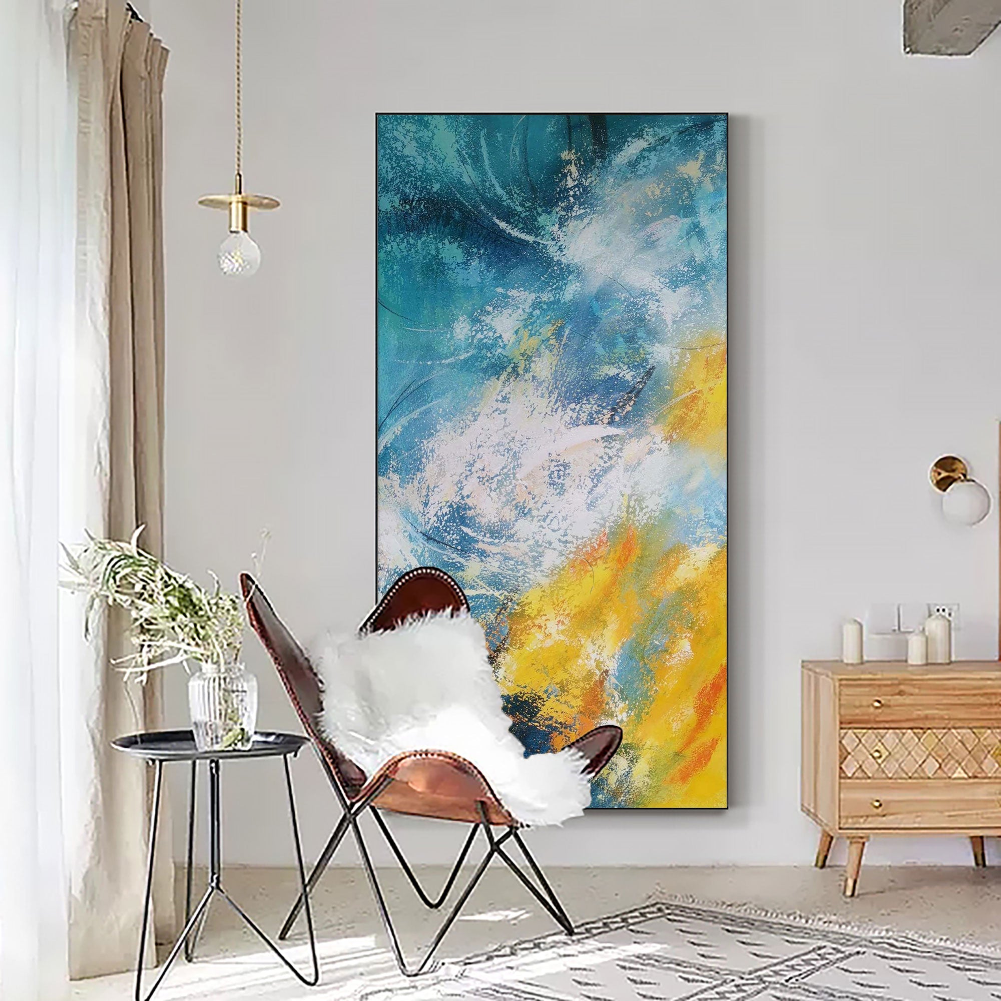 Vertical Abstract Blue Gold Ocean Waves Oil Acrylic Linen Canvas Painting