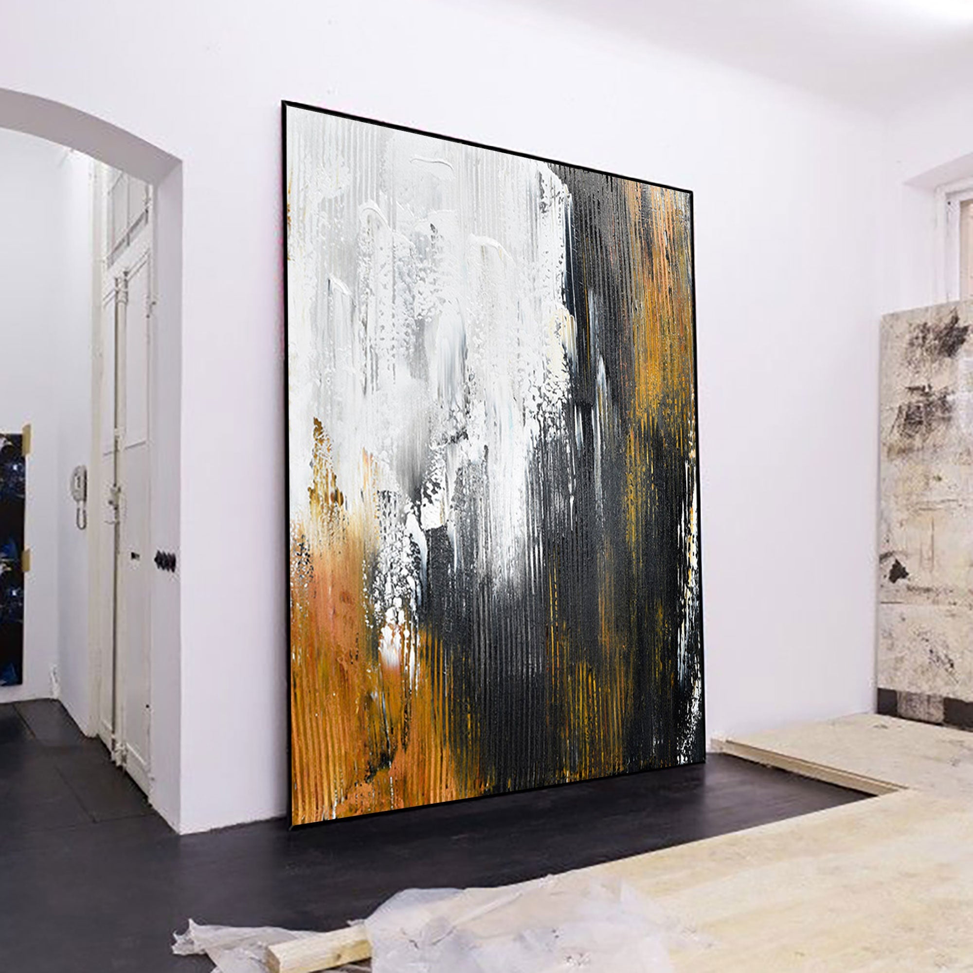 Large Contemporary Abstract Black Gold White Textured Vertical Oil Painting on Linen Canvas