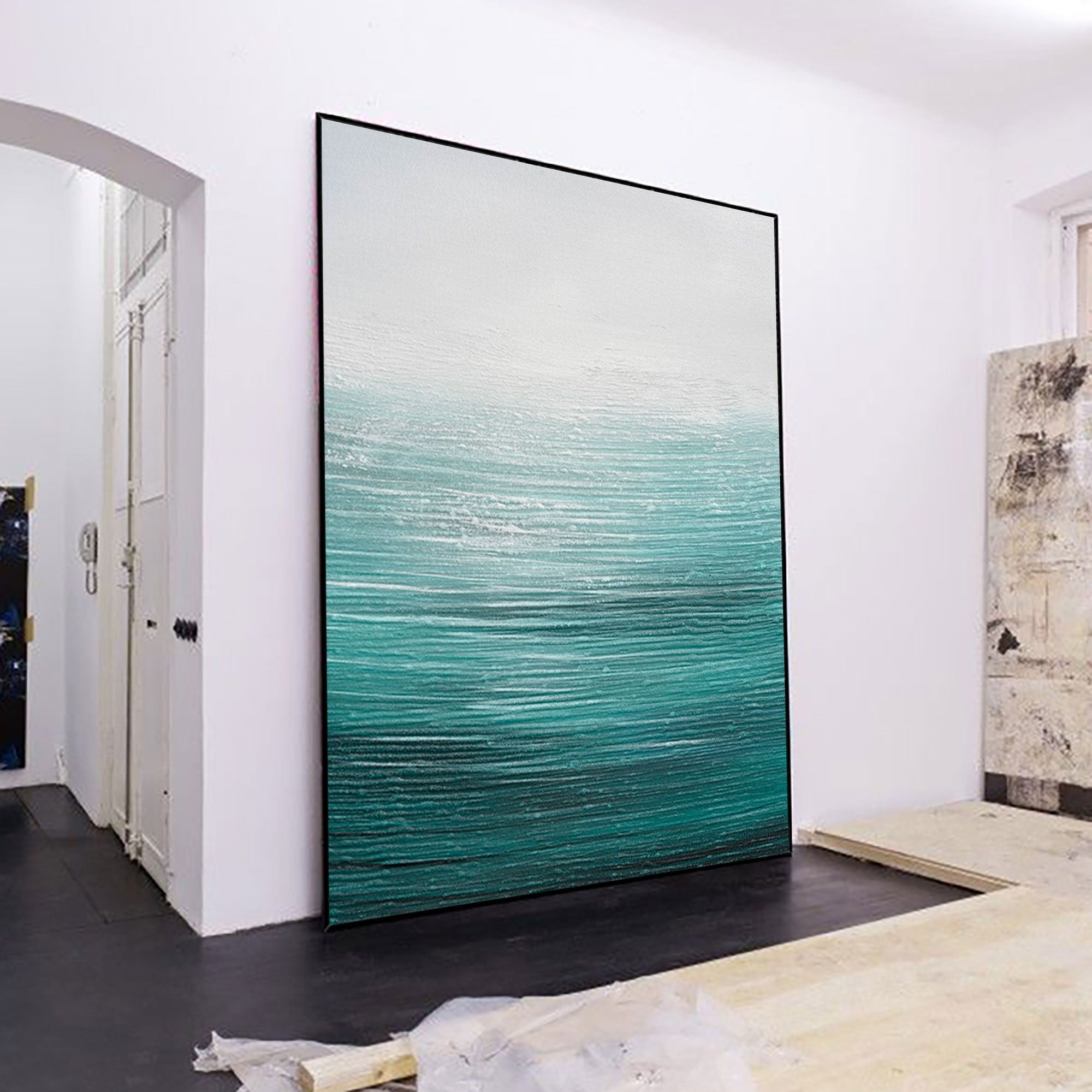 bstract Teal Gradient Seascape Minimalist Oil Acrylic Linen Canvas Painting