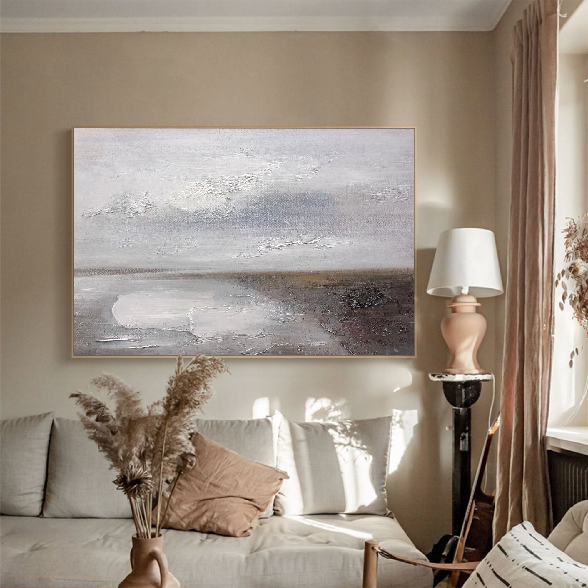 Grey‑Silver Horizontal Muted‑Seascape Impasto‑Textured Artwork