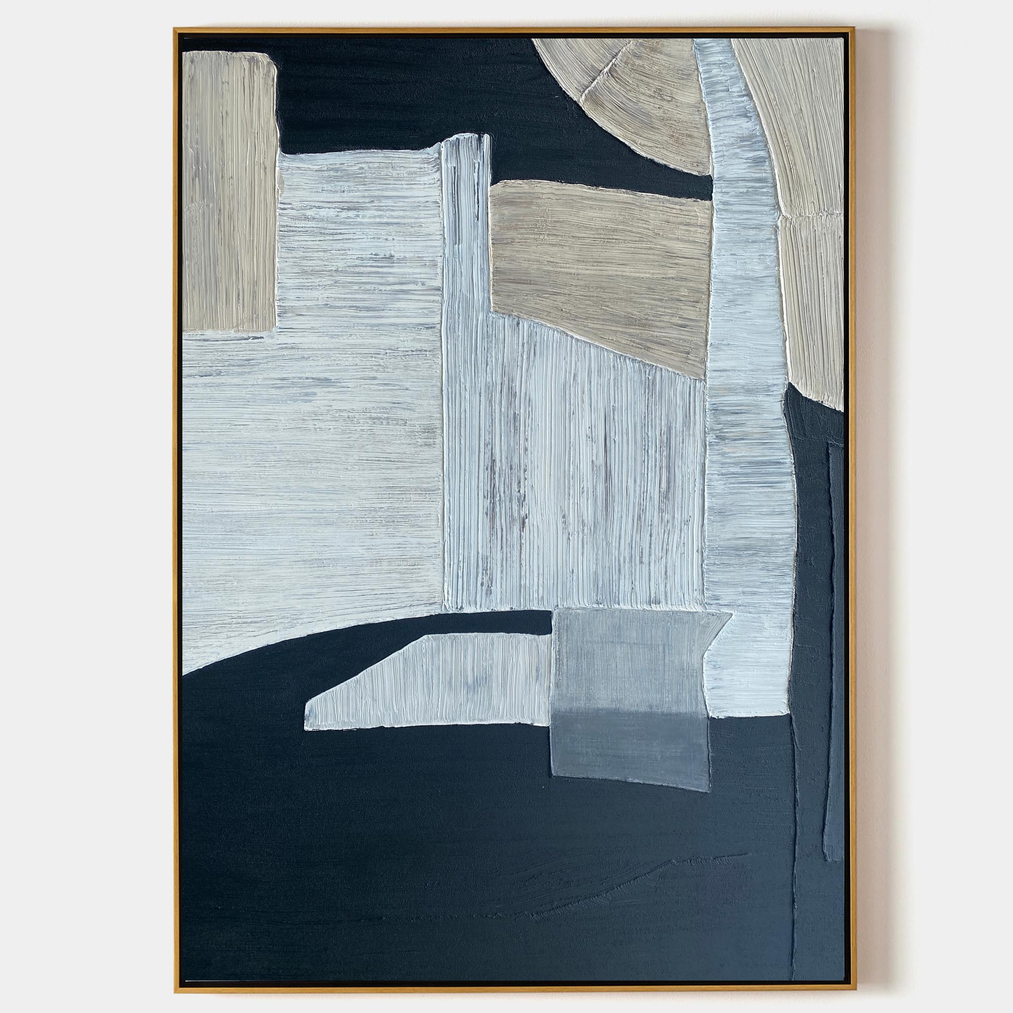 Navy‑Beige‑Grey Vertical Patch‑Block Impasto‑Textured Artwork