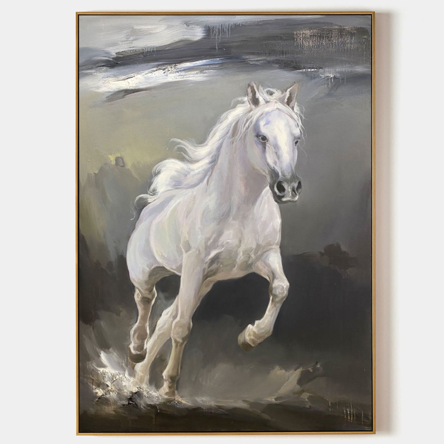 Wall Art Vertical Impressionist White Horse Scene Muted
