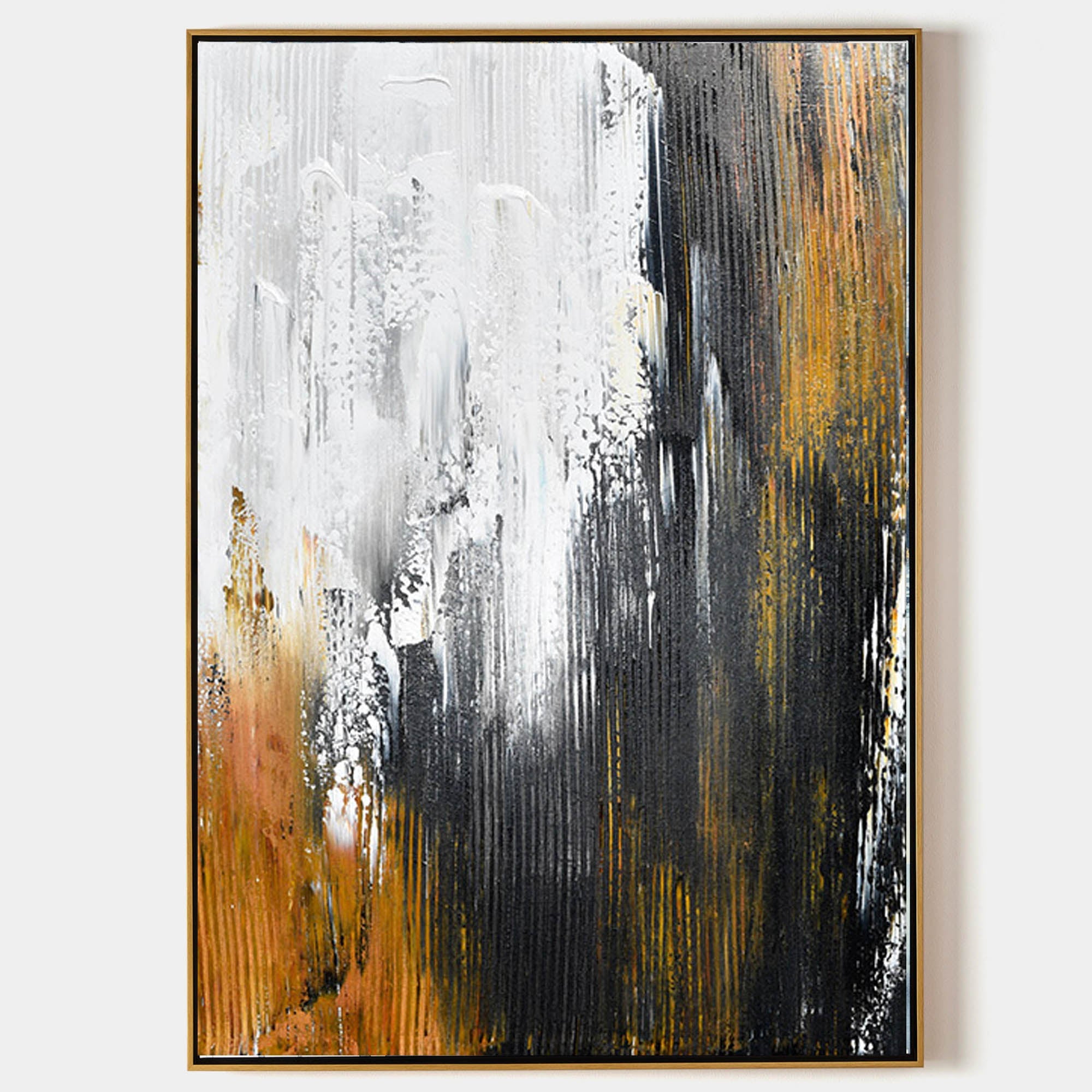 Large Contemporary Abstract Black Gold White Textured Vertical Oil Painting on Linen Canvas