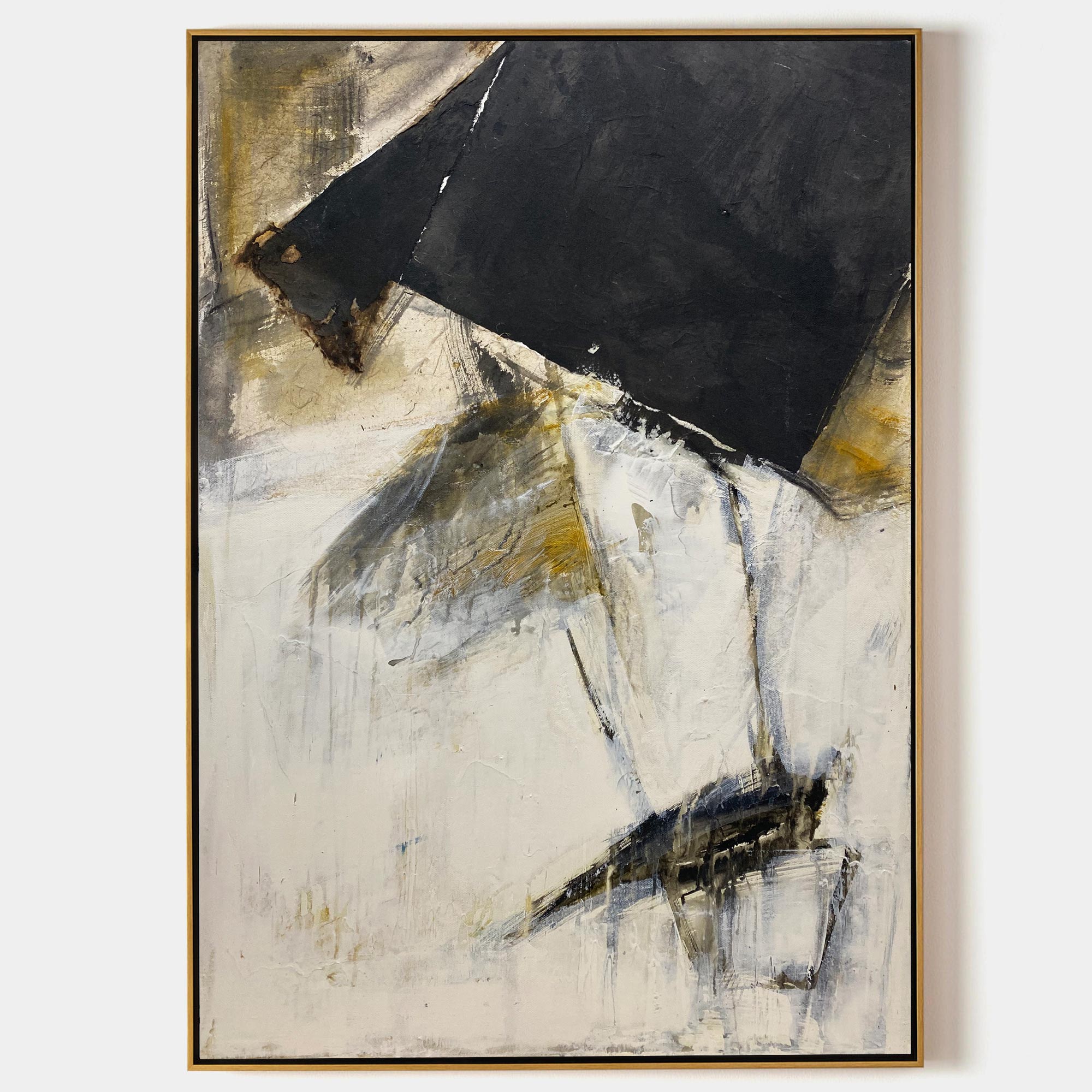 Black‑Gold Off‑White Vertical Geometric‑Fragment Impasto Artwork