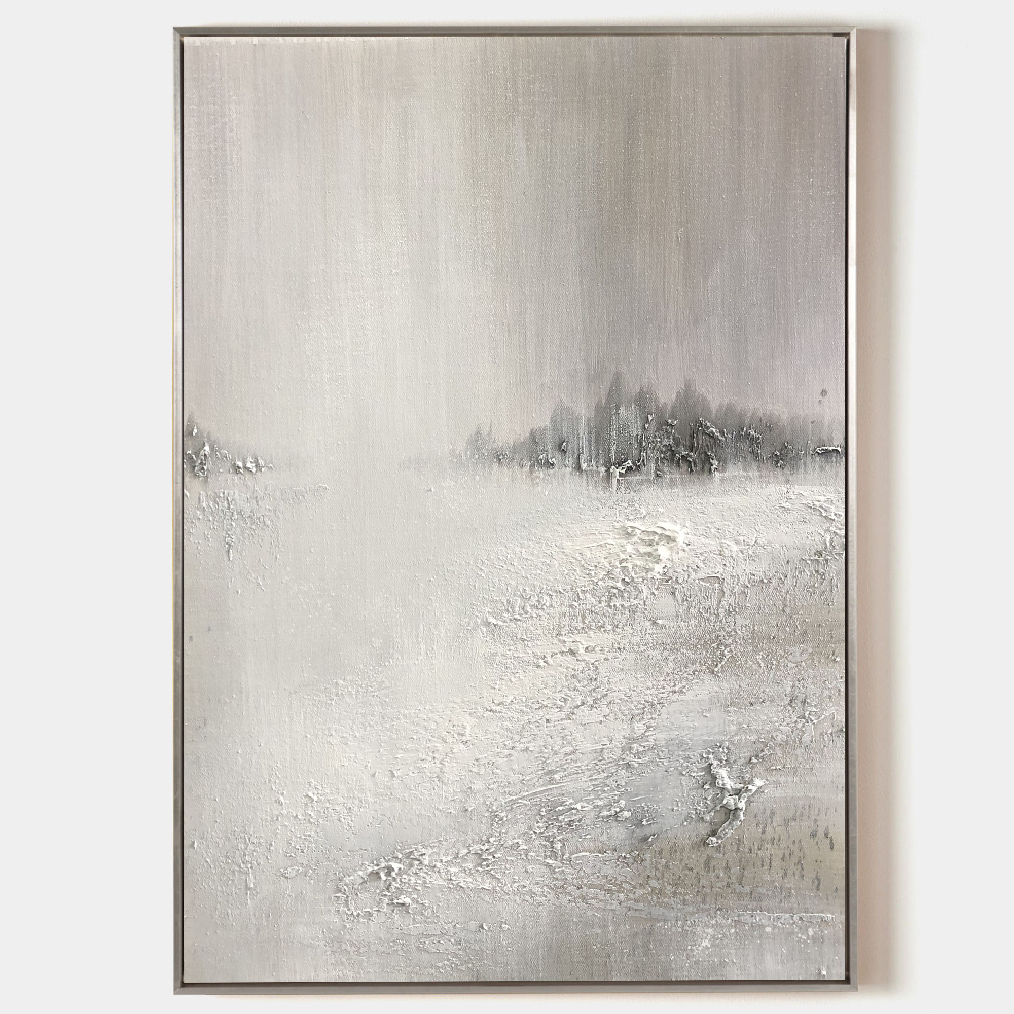 Grey‑Off‑White Vertical Mist‑Scenery Heavy‑Textured Artwork