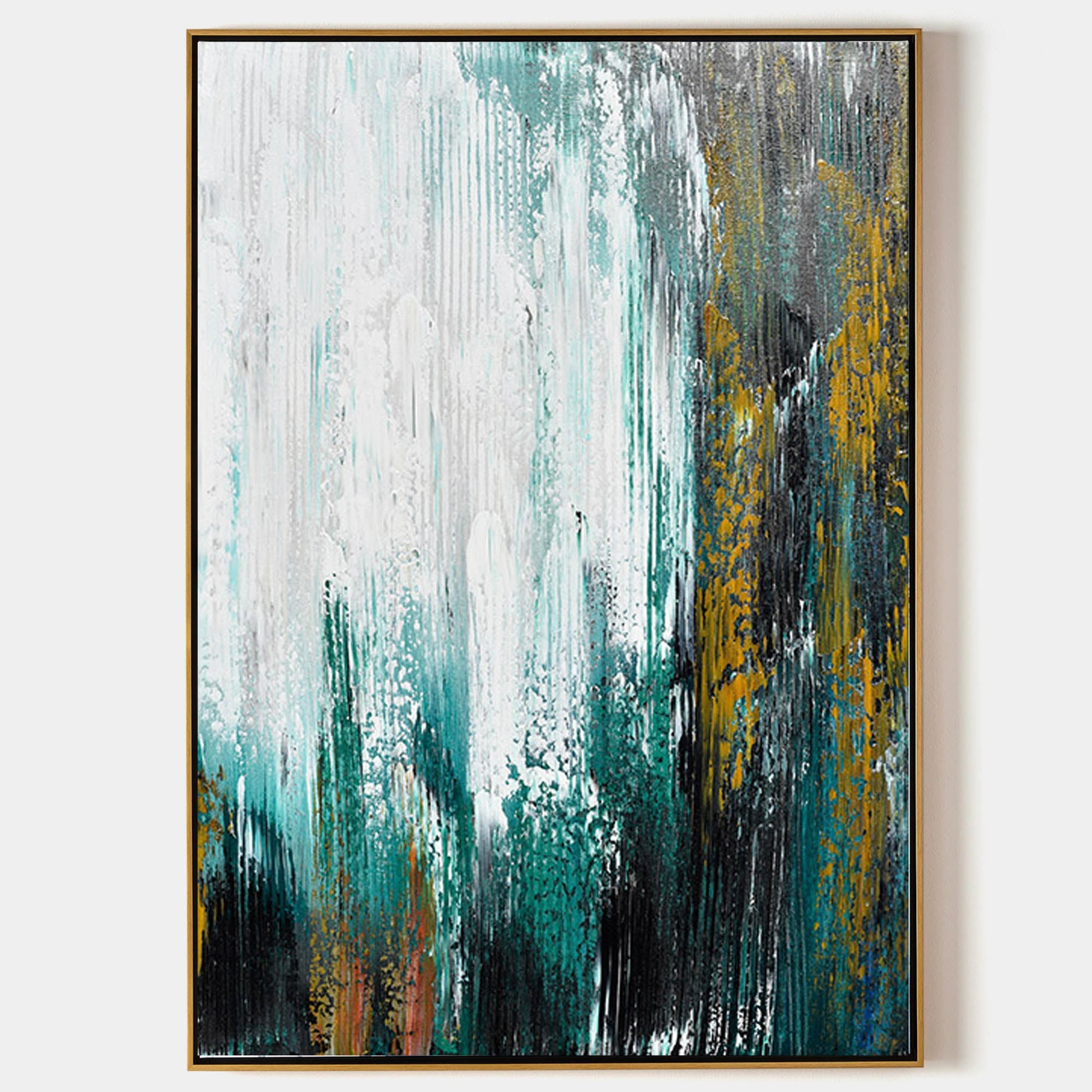 Large Contemporary Abstract Teal Gold White Textured Vertical Oil Painting on Linen Canvas