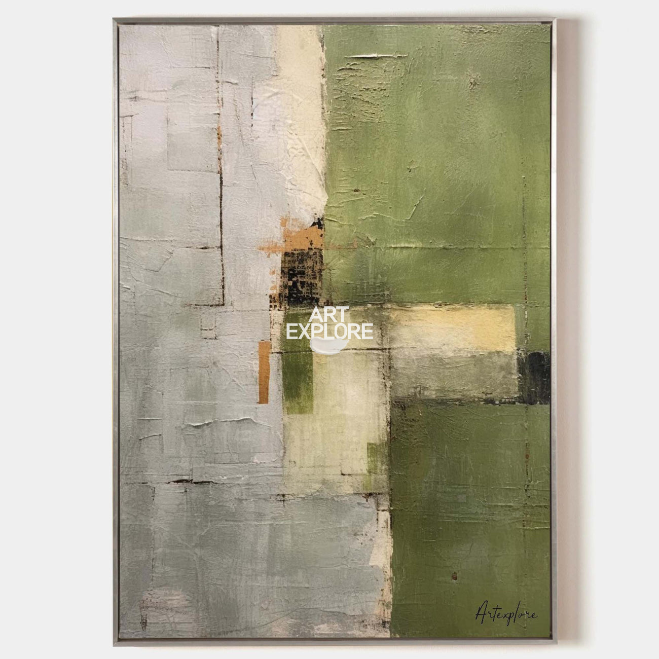 Olive Green Beige Abstract Geometric Textured Wall Art