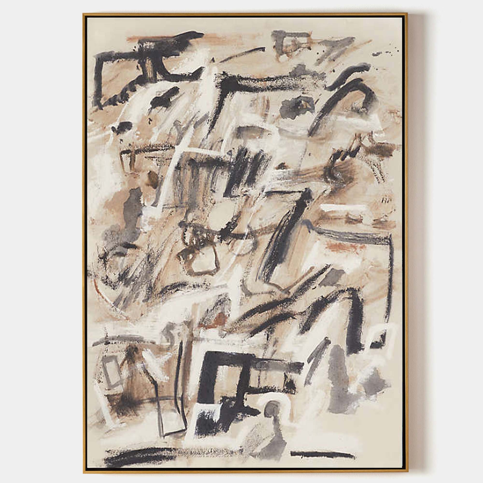 Warm Beige Black Brushstroke Abstract Canvas Art