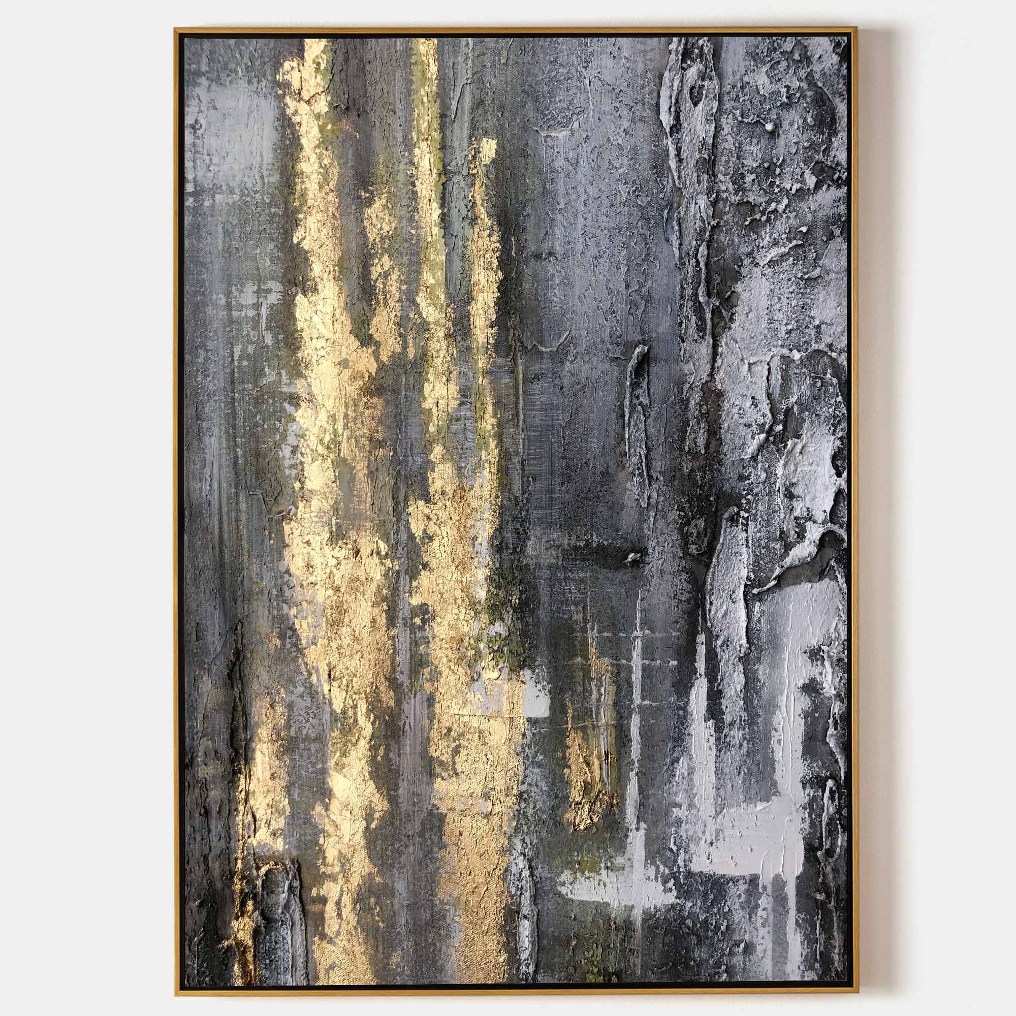 Black‑Grey Vertical Gold‑Foil Impasto Textured Abstract Artwork