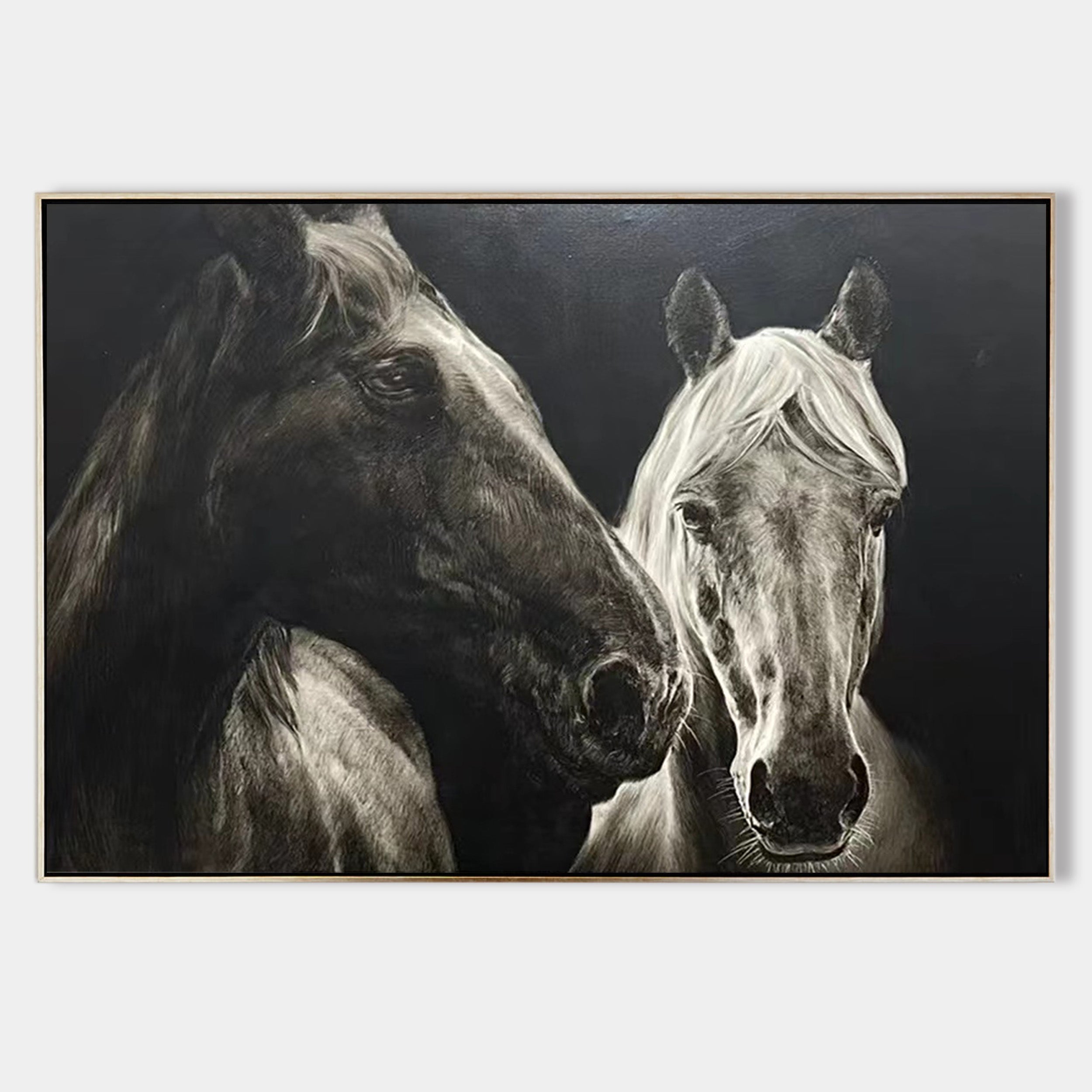 Black‑White Horizontal Dual‑Horse Textured‑Brush Artwork