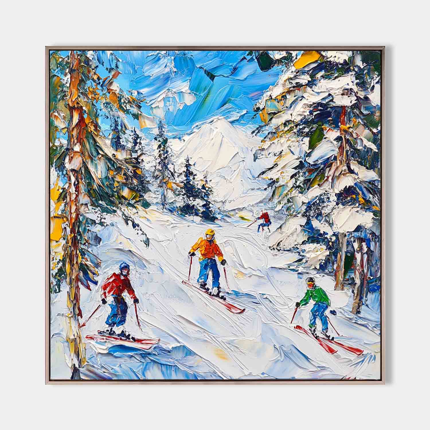 Vibrant Winter Ski Mountain Scene Bold Color Thick Impasto Textured Artwork