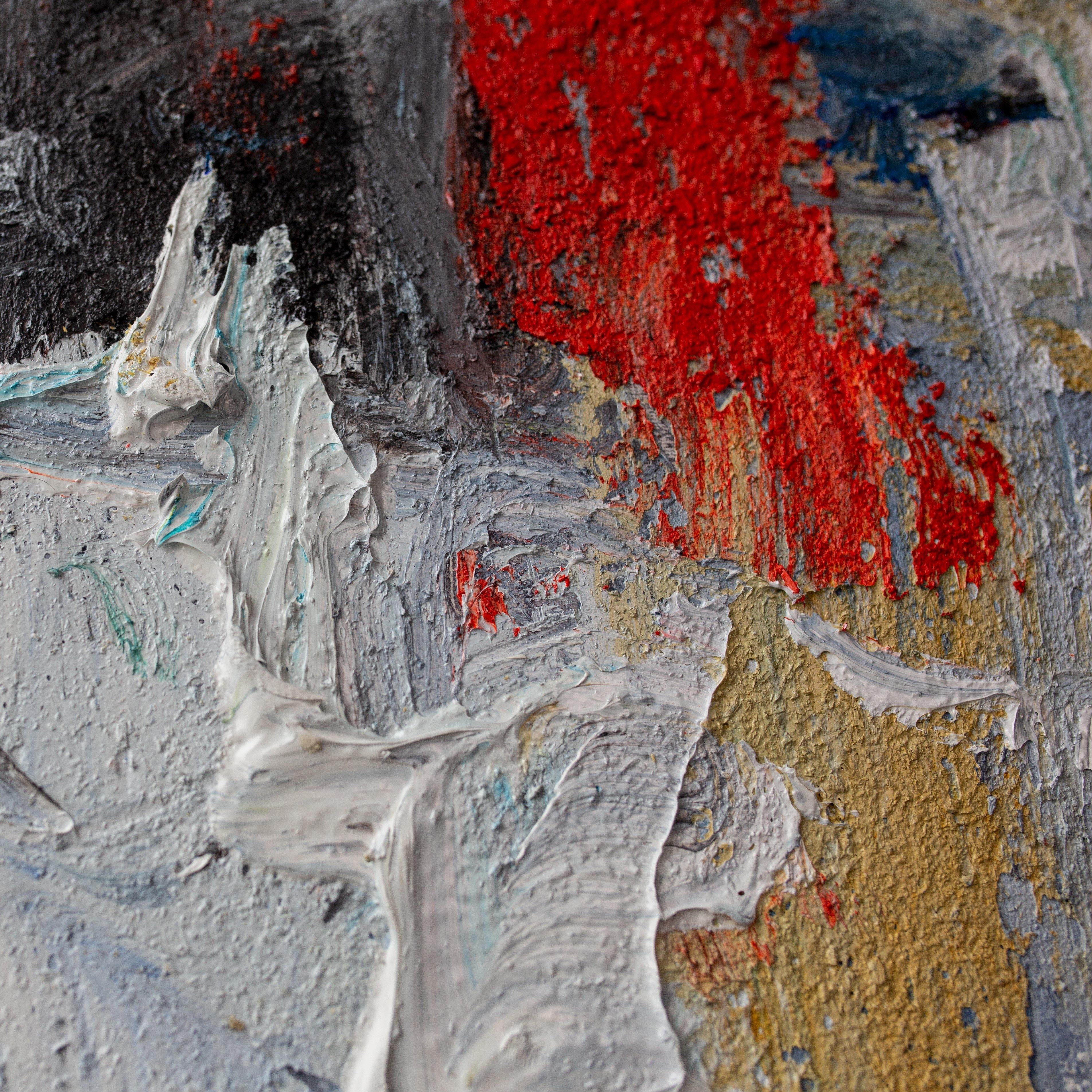 Grey‑Blue Vertical Red‑Accent Expressive Impasto Textured Artwork