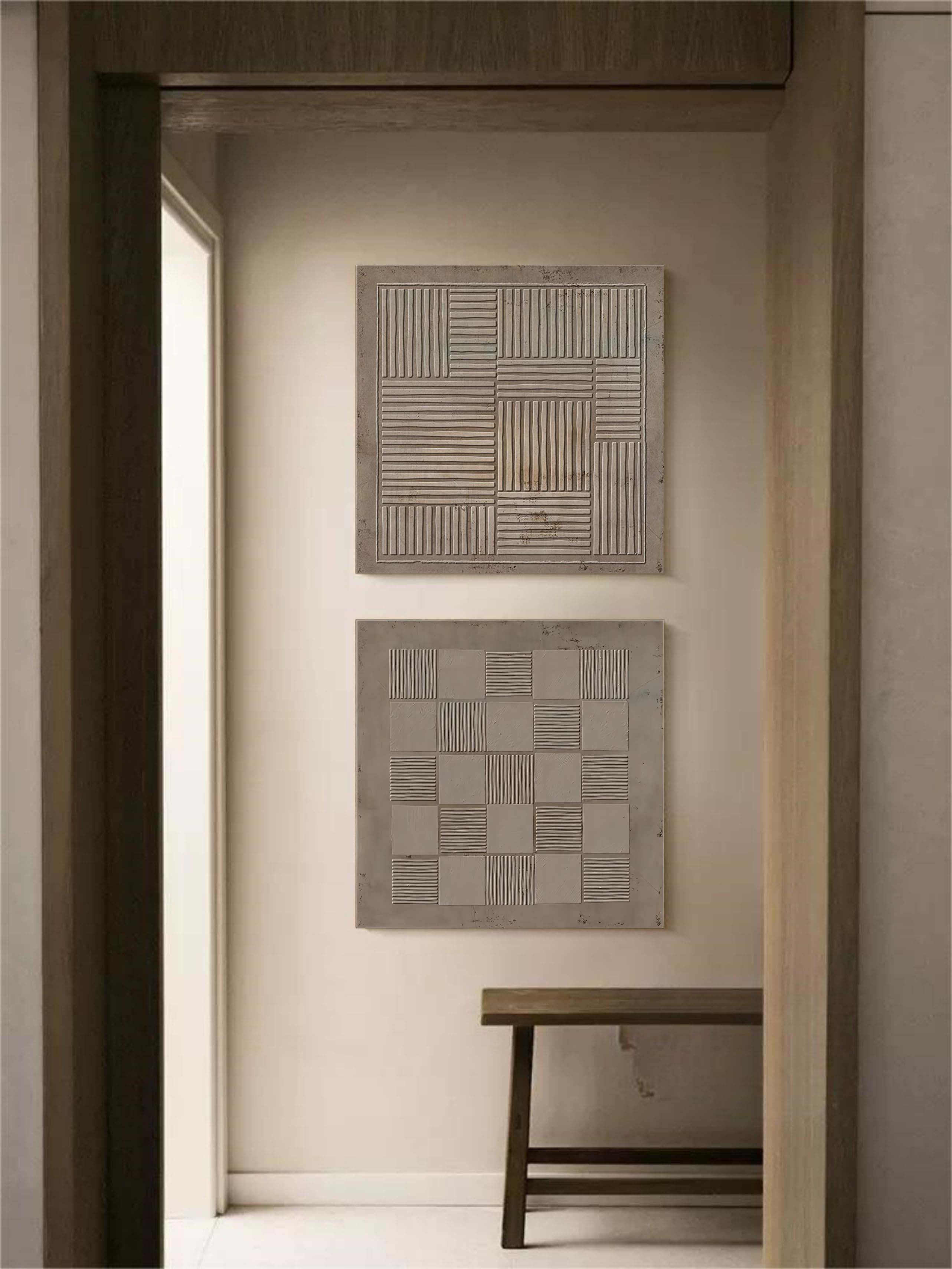 Wall Art Taupe Geometric Grid Checkerboard