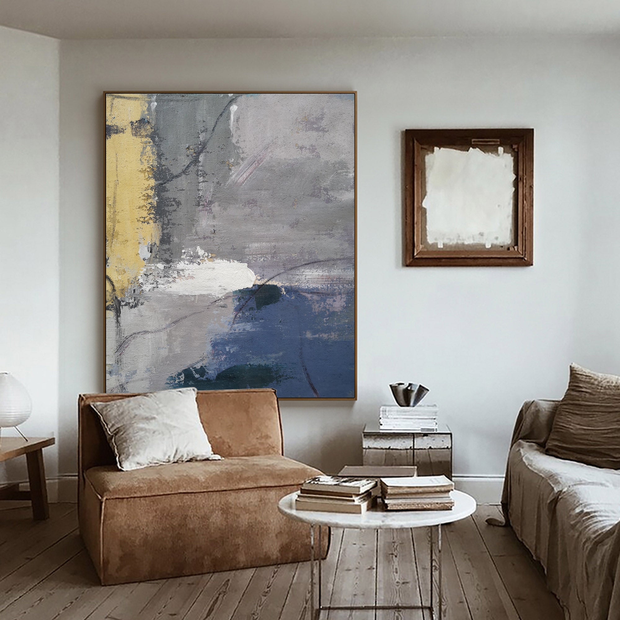 Grey‑Gold Navy‑Accent Vertical Brush‑Stroke Impasto Textured Artwork