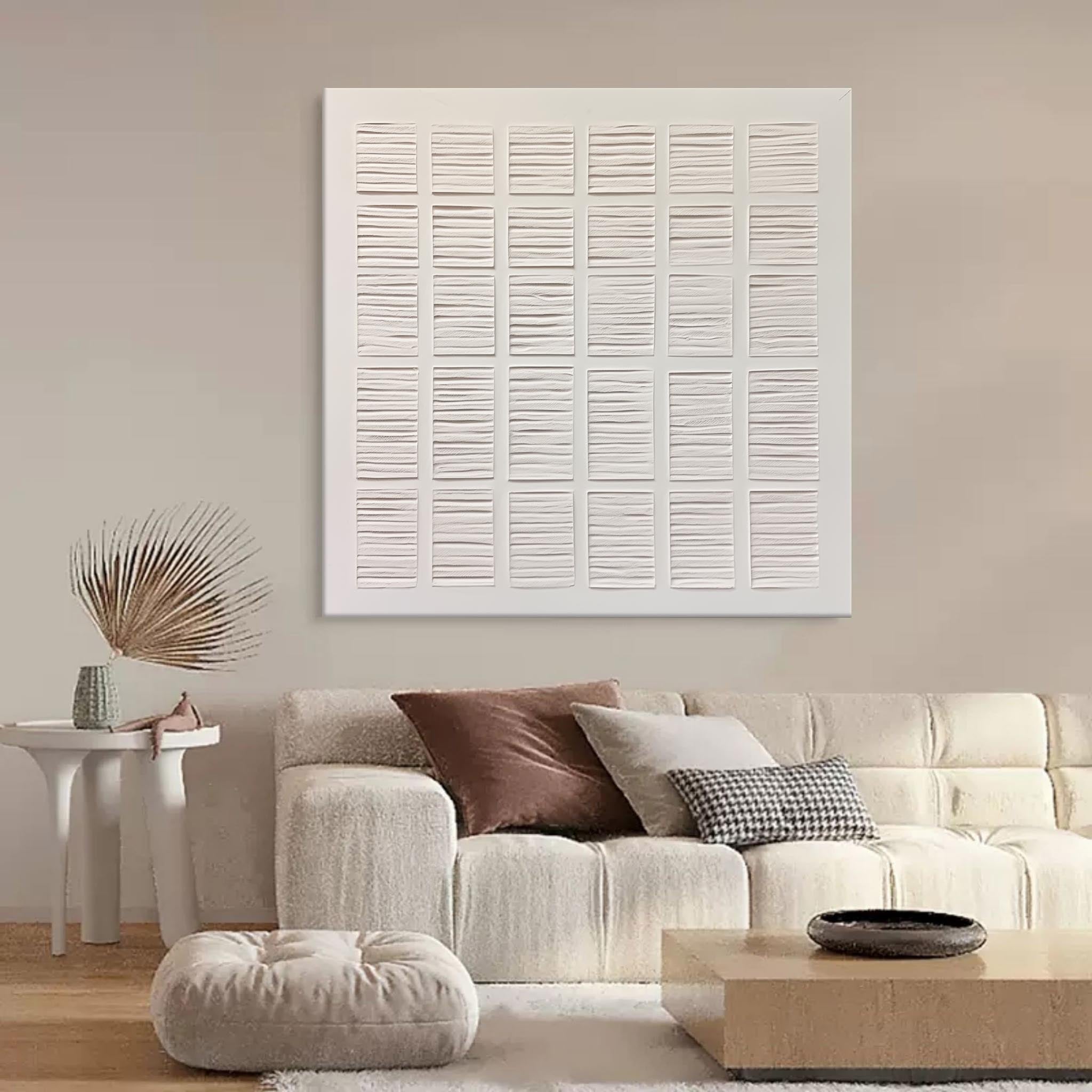 Wall Art White Grid 3D Relief Plaster Canvas Matte
