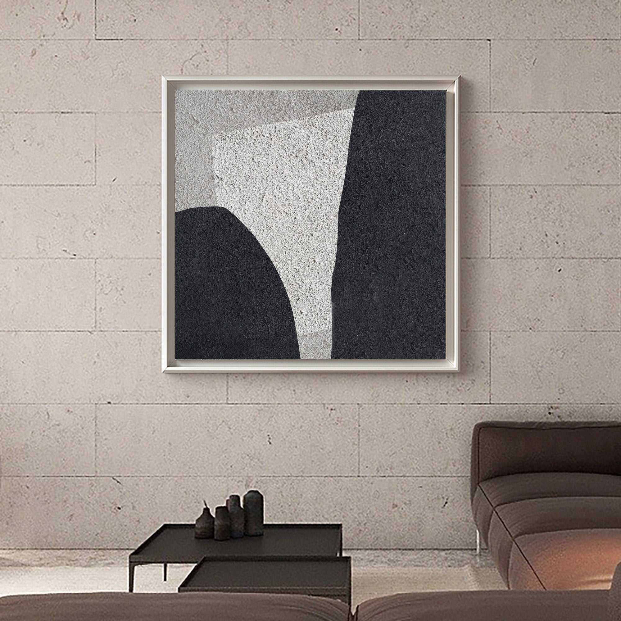 Black‑Off‑White Square Geometric Layered‑Curve Coarse‑Textured Artwork