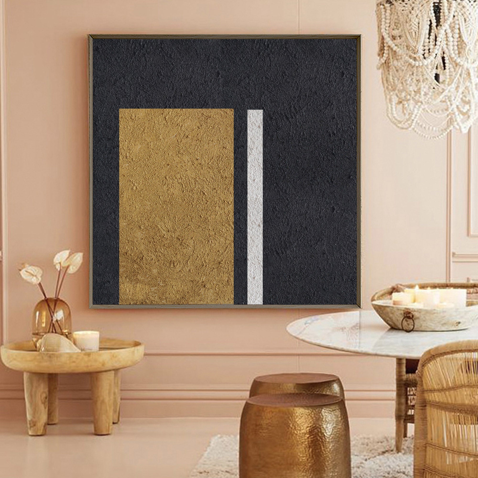 Black‑Gold‑White Square Stacked‑Rectangle Block Coarse‑Textured Artwork