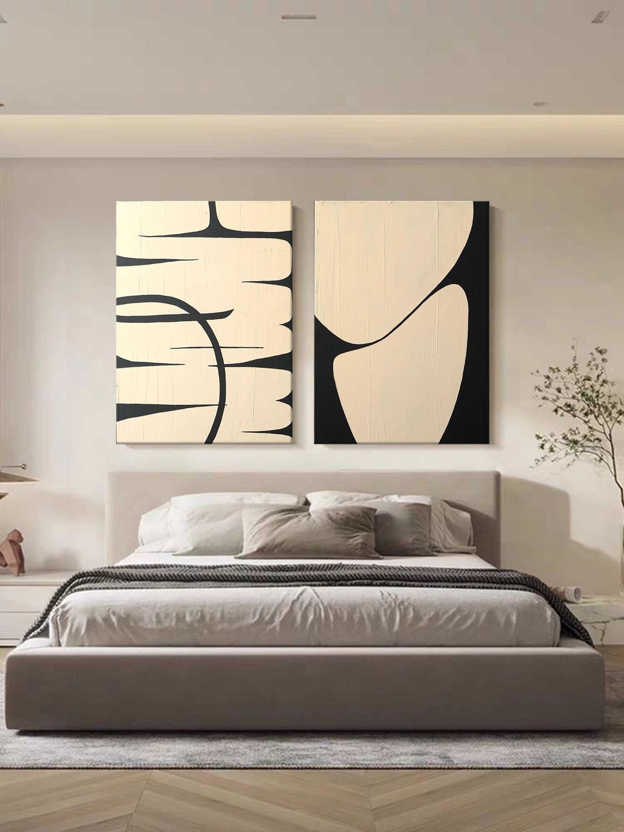 Wall Art Beige Black Curved Line Abstract Diptych