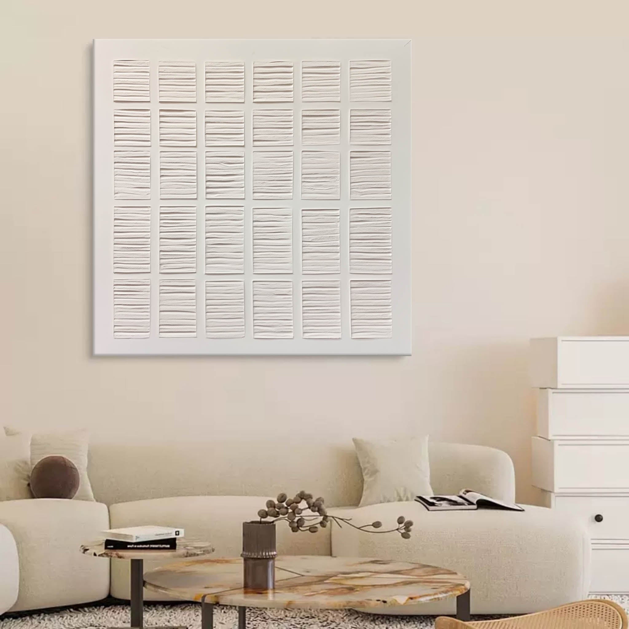 Wall Art White Grid 3D Relief Plaster Canvas Matte