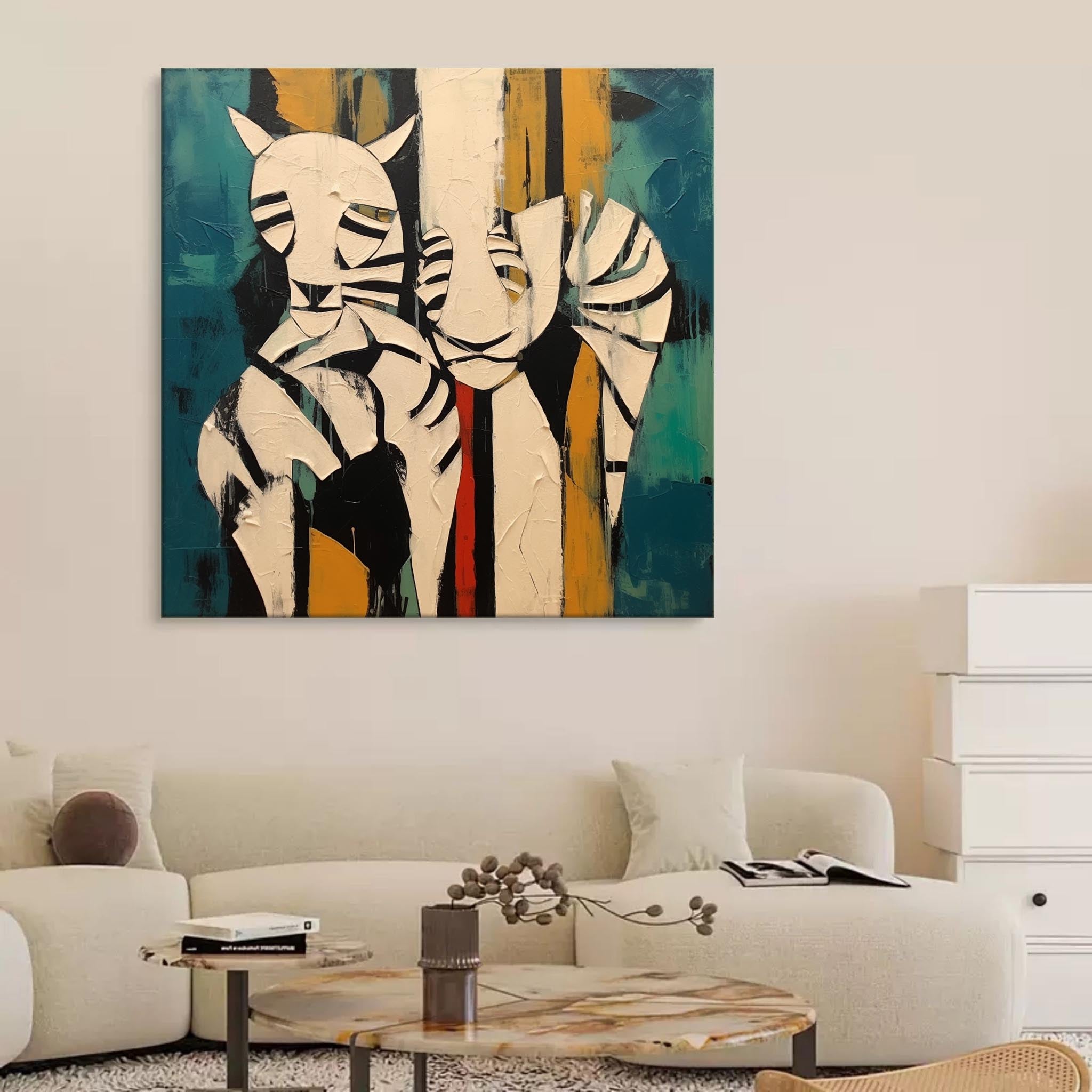 Wall Art Teal Yellow Abstract Tiger Plaster