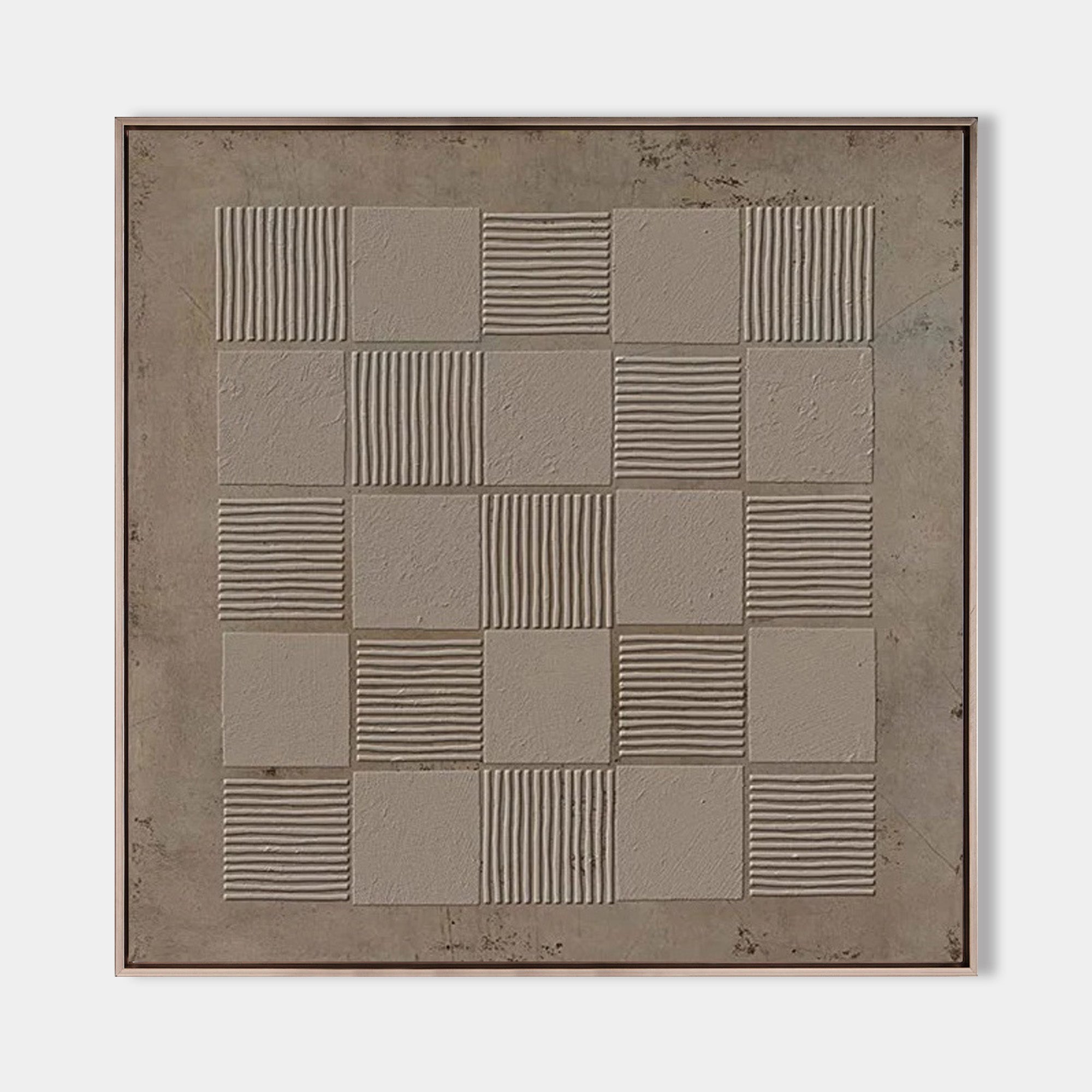 Beige‑Taupe Square Grid‑Line Raised‑Textured Artwork
