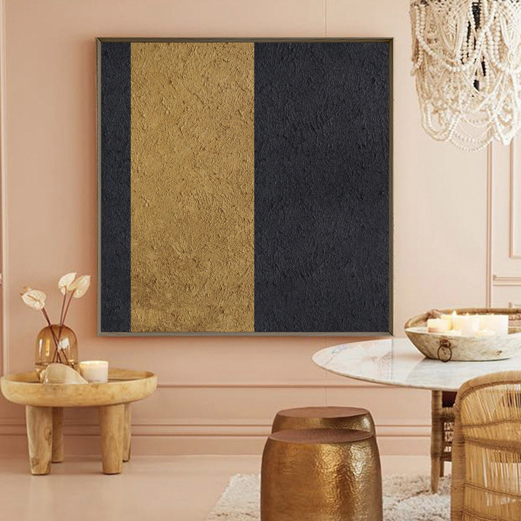 Black‑Gold Square Split‑Block Symmetrical Heavy‑Rugged‑Textured Artwork
