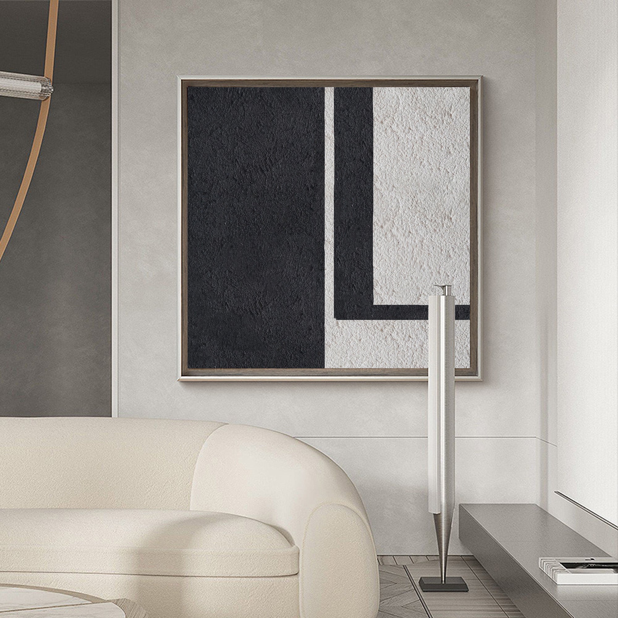 Black‑Off‑White Square Geometric L‑Shape Block Coarse‑Textured Artwork