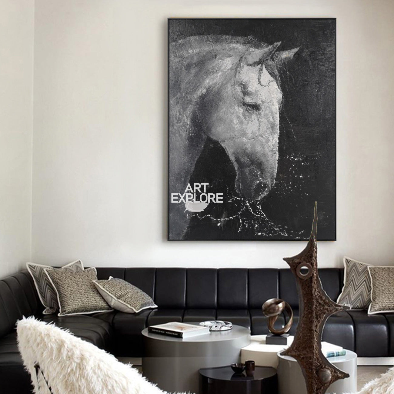 Black White Horse Portrait Canvas Wall Art