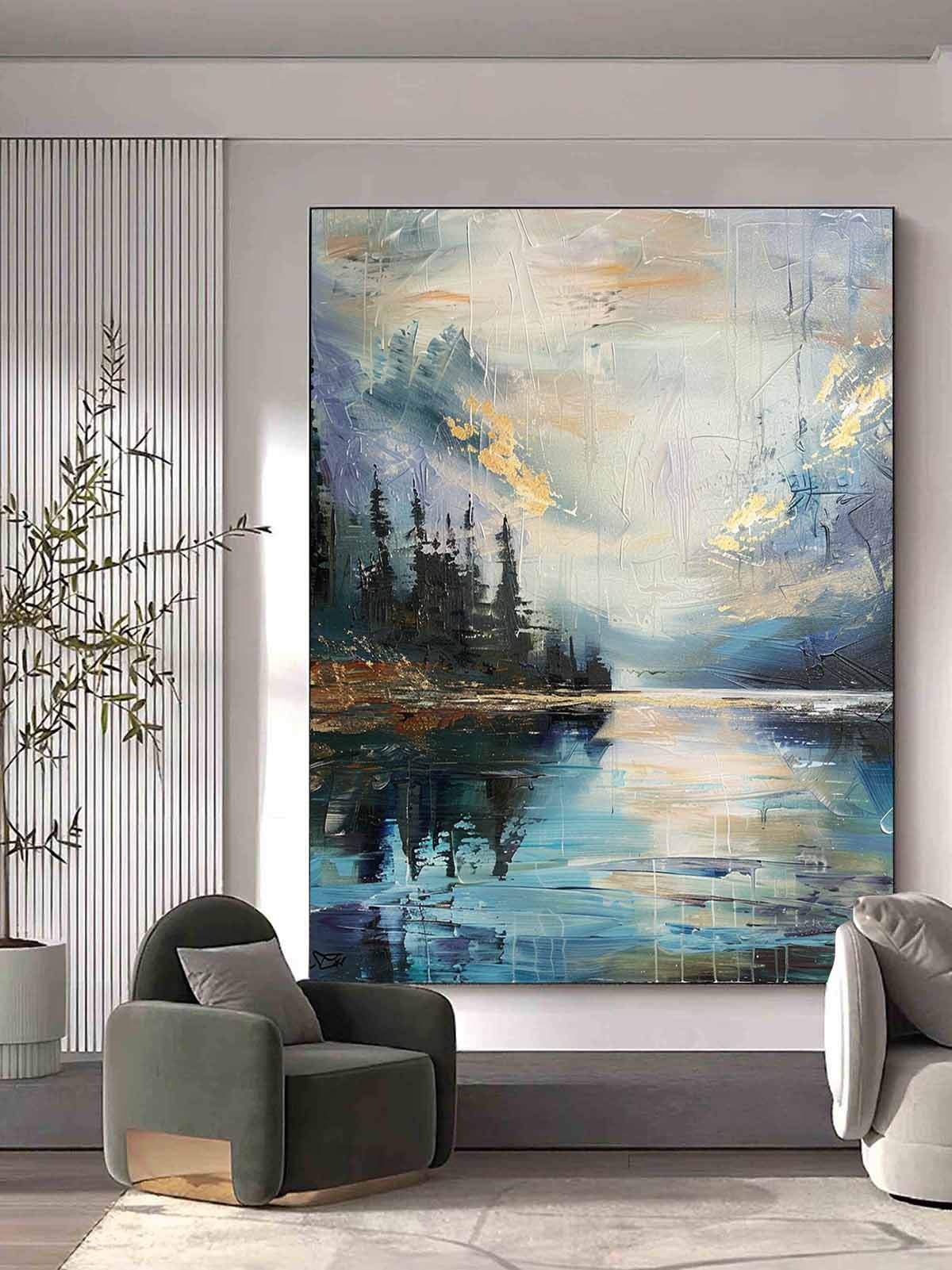 Lakeside Forest Landscape Impasto Painting