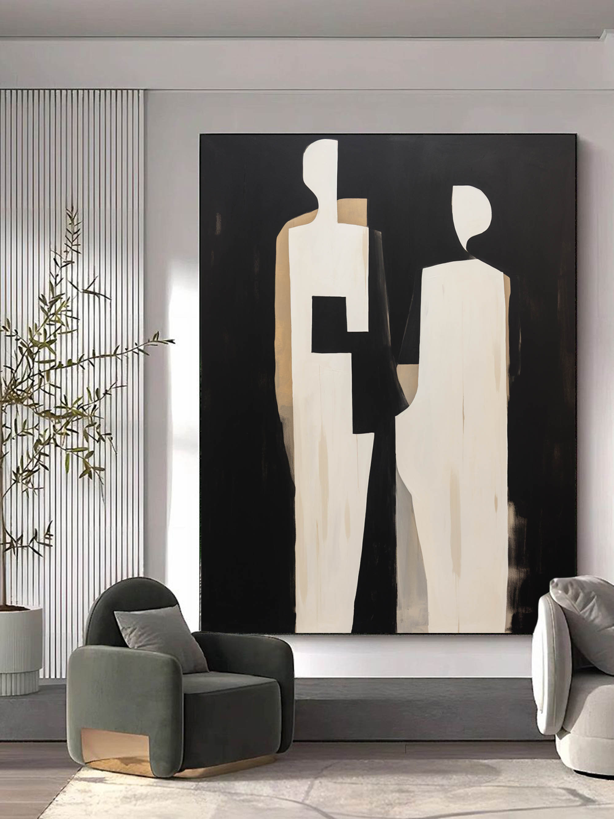 Wall Art Black Beige Abstract Couple