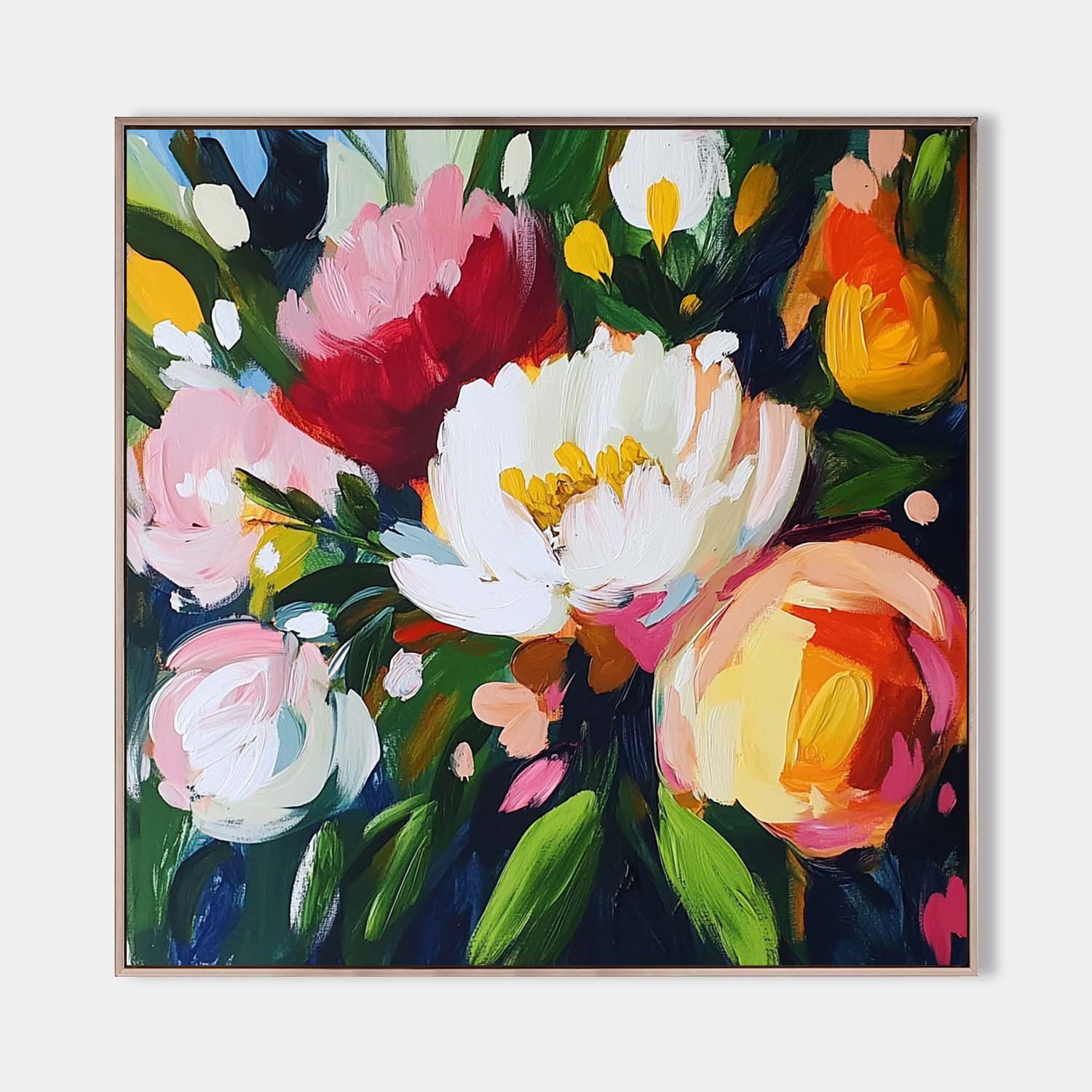 Lush Peony Bouquet Floral Vivid Pigment Thick Impasto Layered Textured Artwork