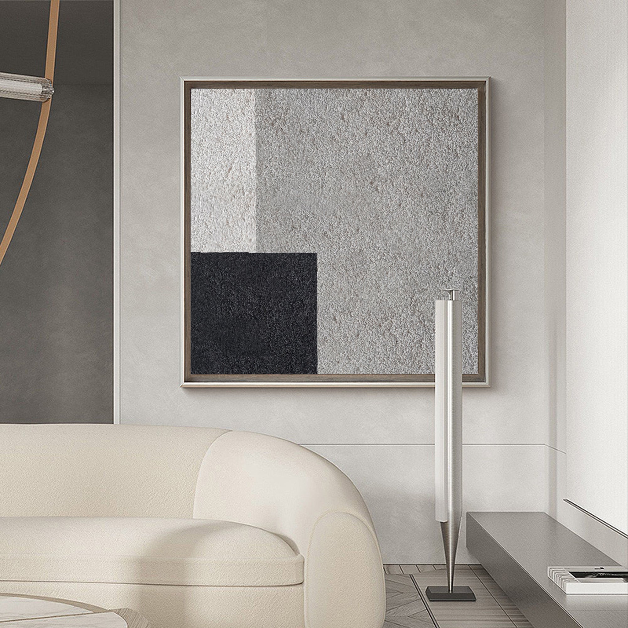 Grey‑Black‑Beige Square Geometric Offset‑Block Coarse‑Textured Artwork
