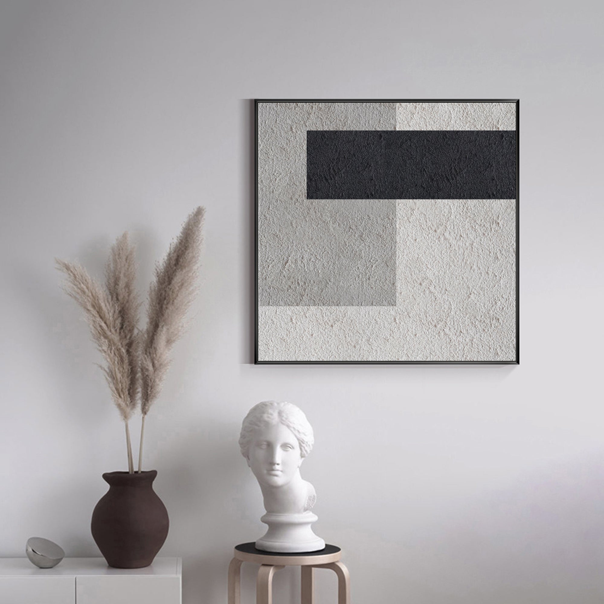 Black‑Grey‑Beige Square Geometric Block‑Segment Contrast‑Textured Artwork