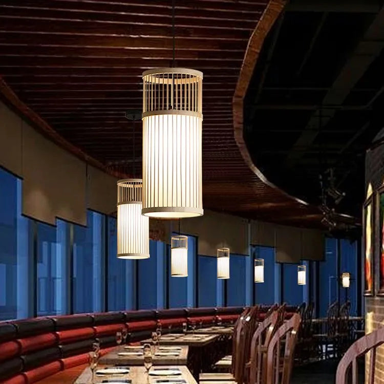 Ritta Weave Cylinder Pendant Light, Coffee/Wood, Metal/Bamboo - Neutralighting