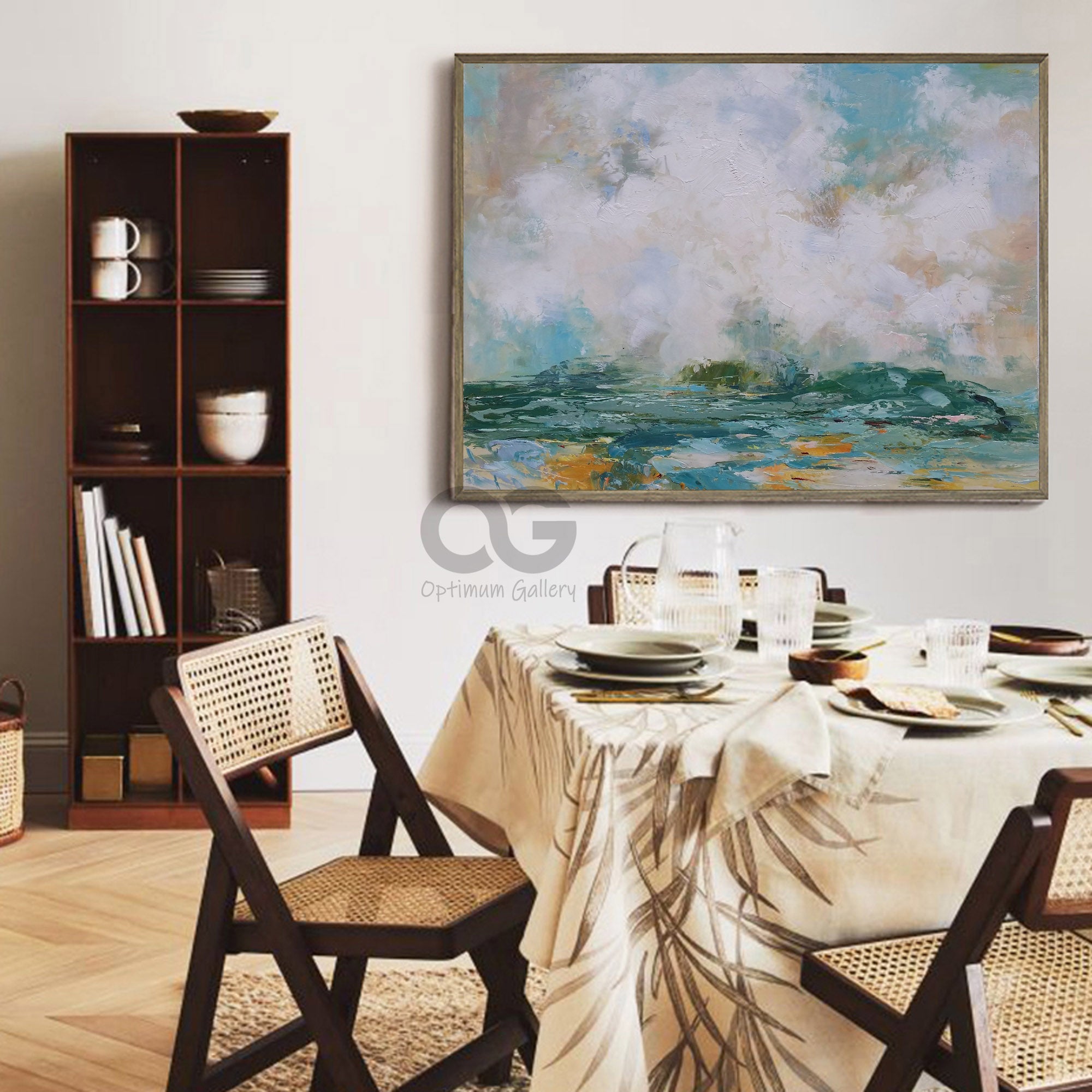 Teal‑White Horizontal Ocean‑Coast Impasto Textured Artwork