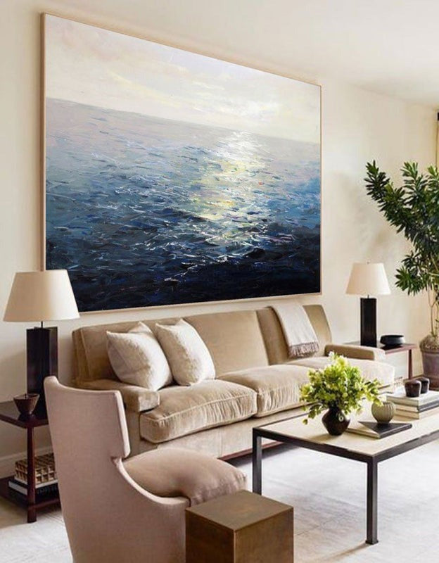 Wall Art Blue Ocean Sunset Seascape Modern Textured Canvas Bedroom | Neutralighting