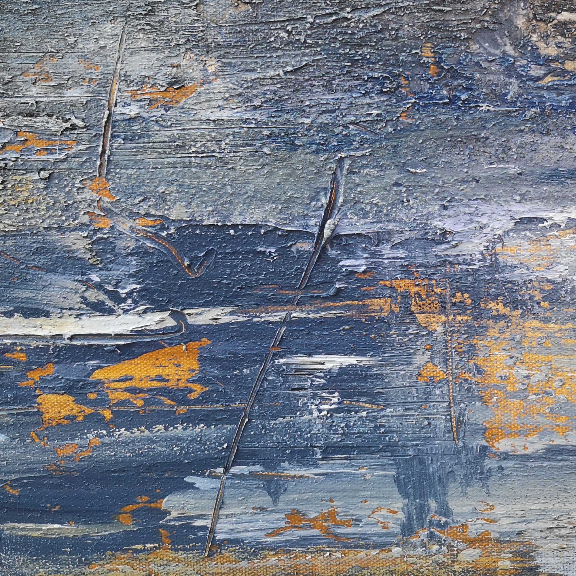Blue‑Gold‑Grey Vertical Seascape Horizon Impasto‑Textured Artwork