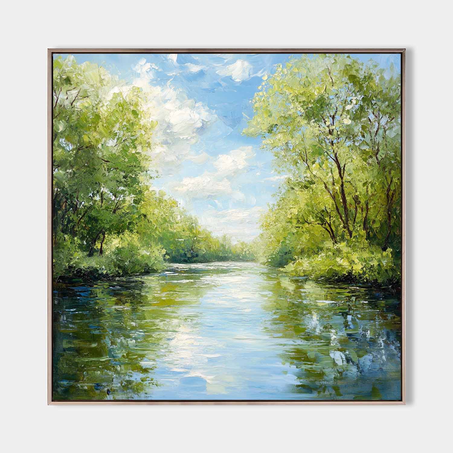 Lush Forest Lake Scenery Mirror‑Water Vivid Layered Impasto Textured Artwork