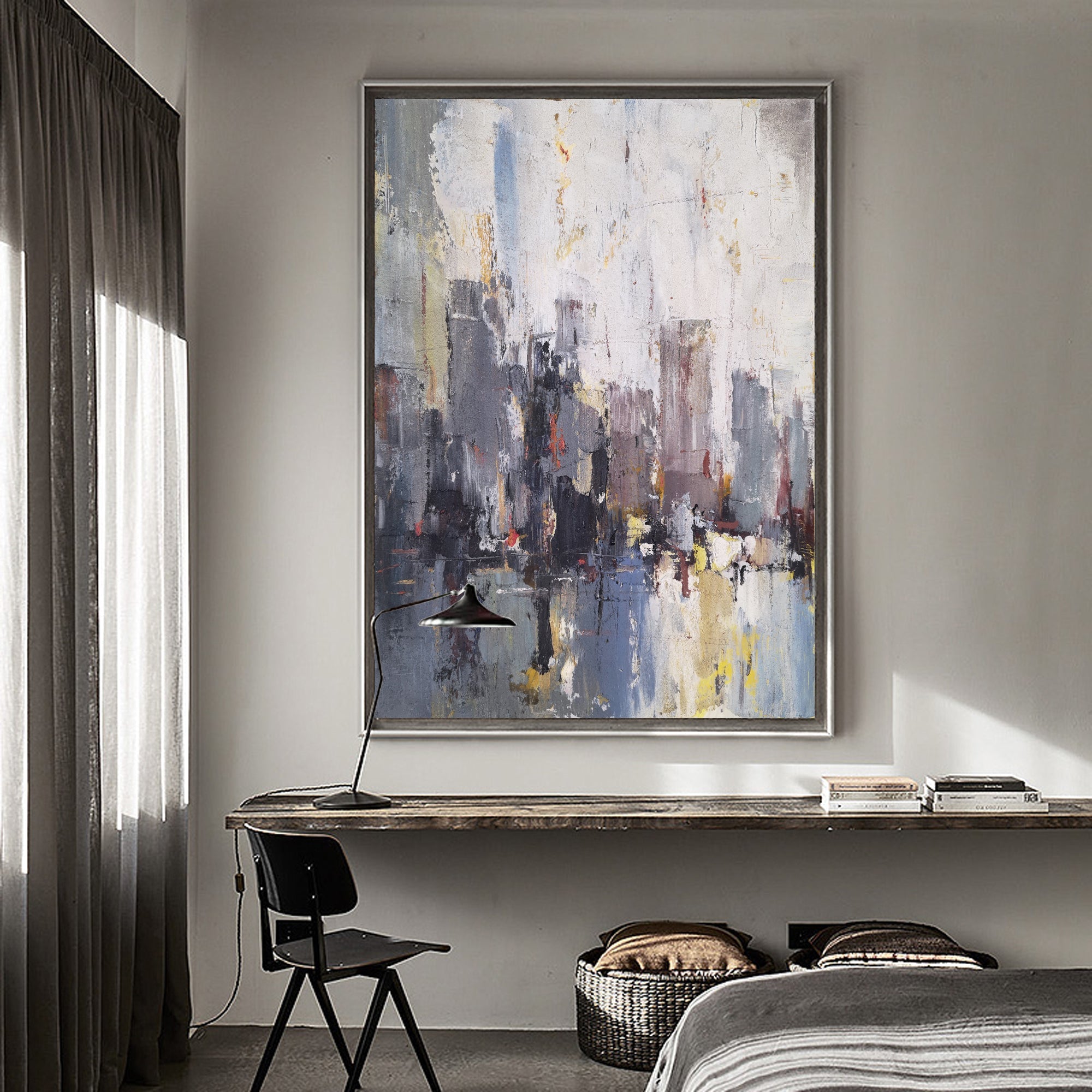 Grey‑Purple Square Urban Cityscape Impasto Textured Artwork