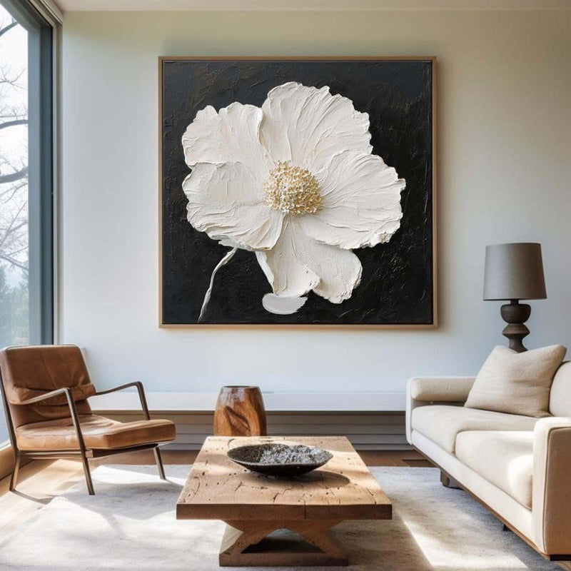 Wall Art White Flower Gold Textured Abstract Black Background Bedroom | Neutralighting
