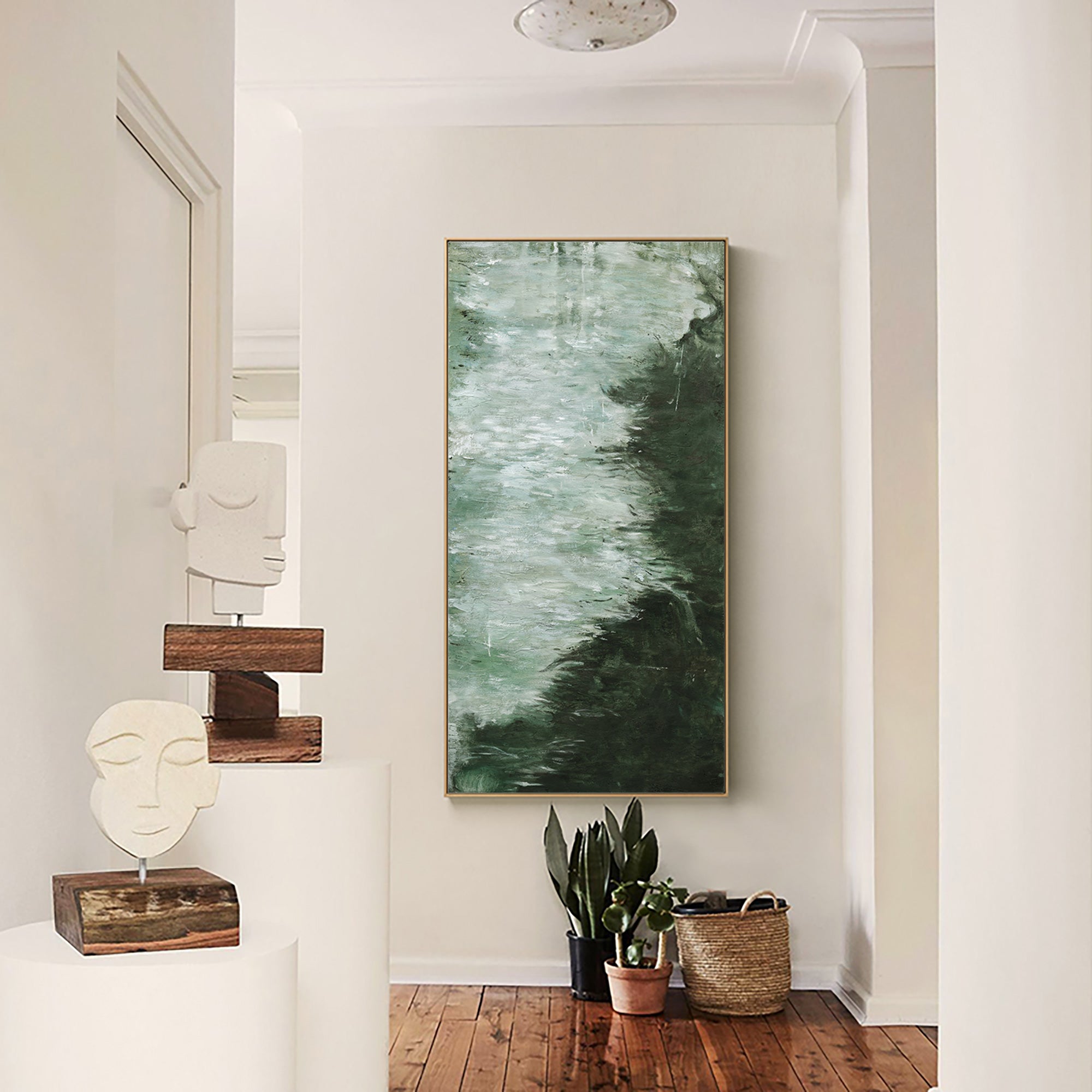 Deep‑Green Vertical Marble‑Wash Layer‑Textured Framed Artwork