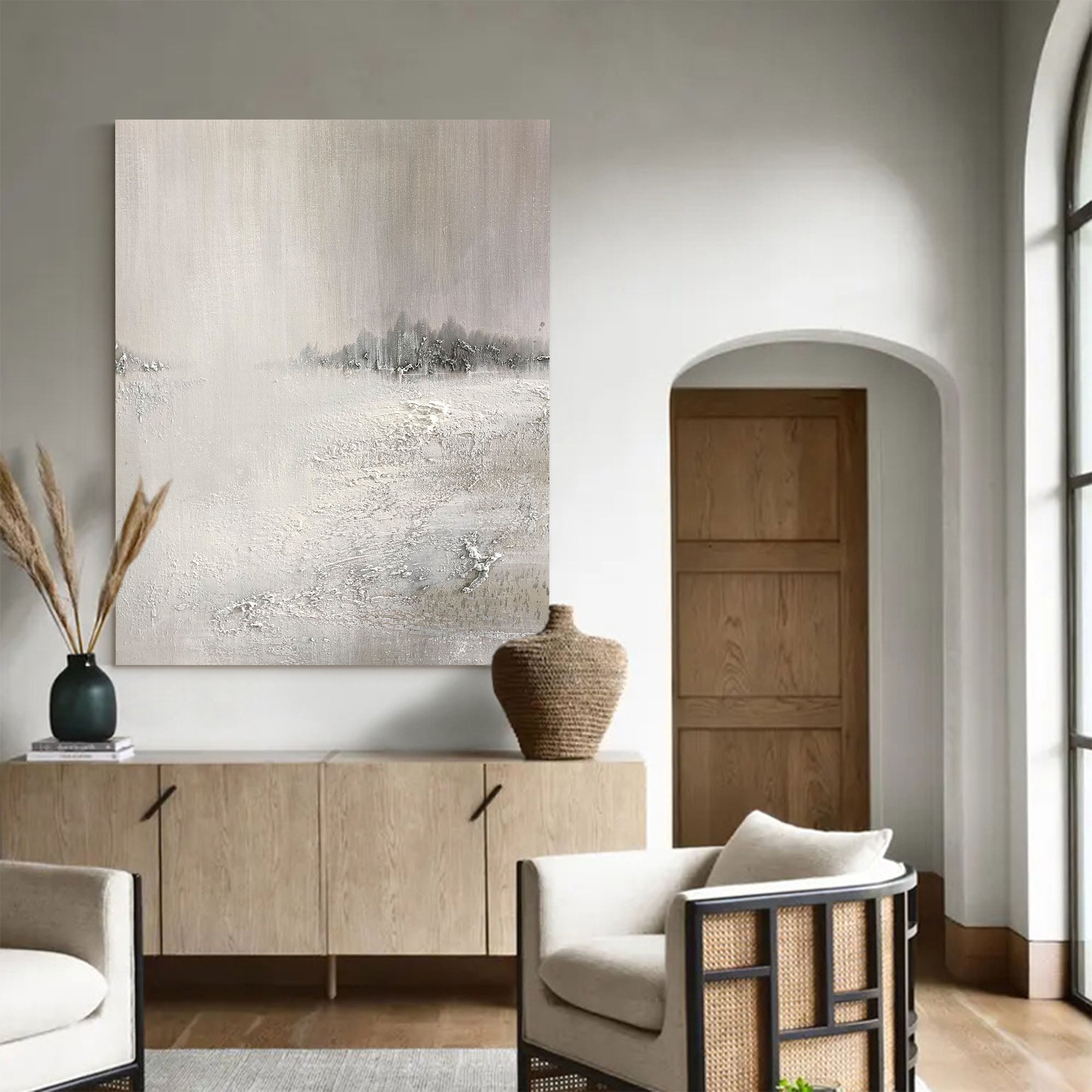 Grey‑Off‑White Vertical Mist‑Scenery Heavy‑Textured Artwork
