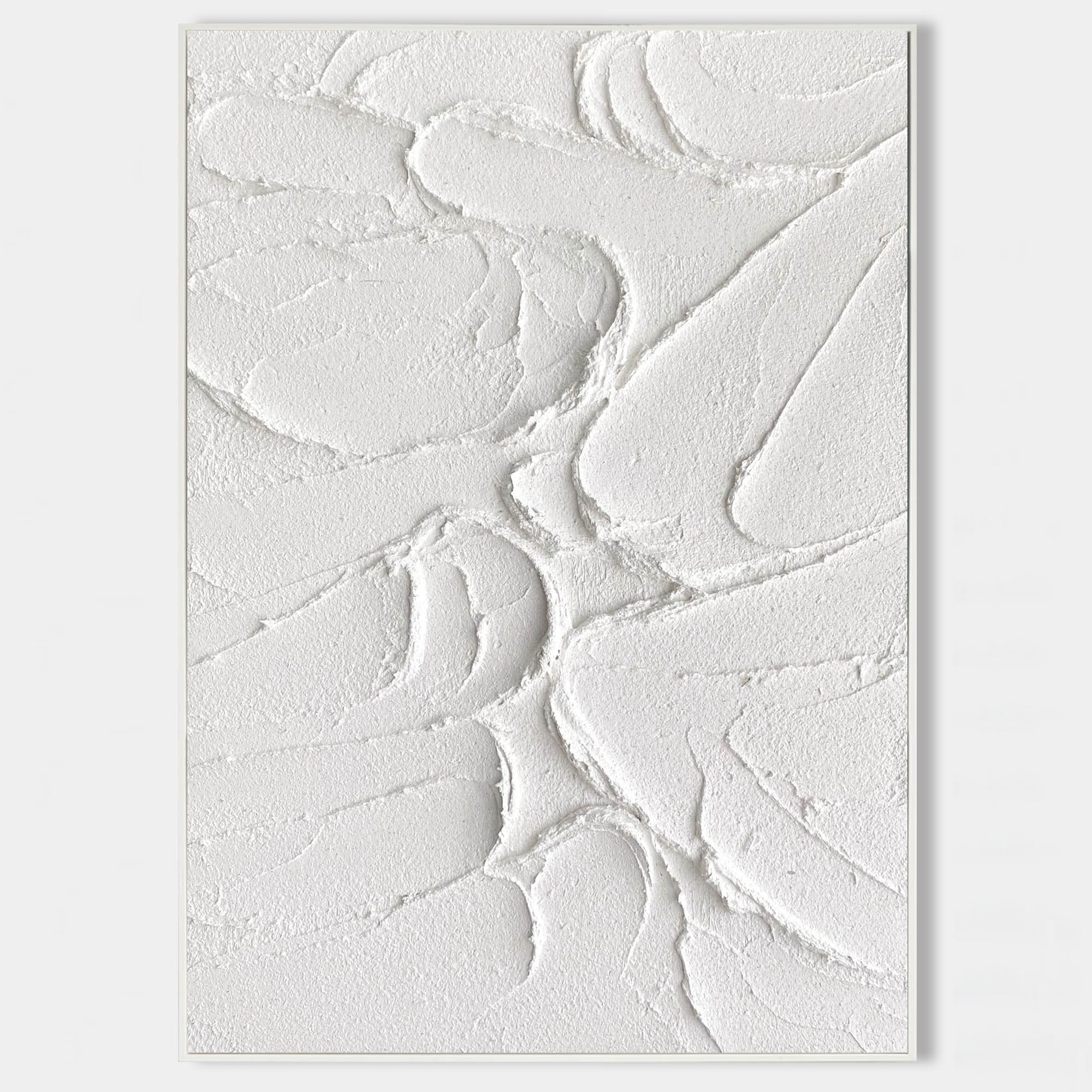 Vertical 3D Textured White Cracked Relief Oil Acrylic Linen Canvas Painting