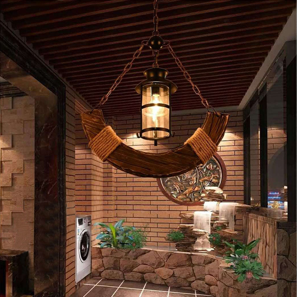 Epoch Retro Rustic Arc Metal/Wood Lantern Glass Pendant Light - Neutralighting